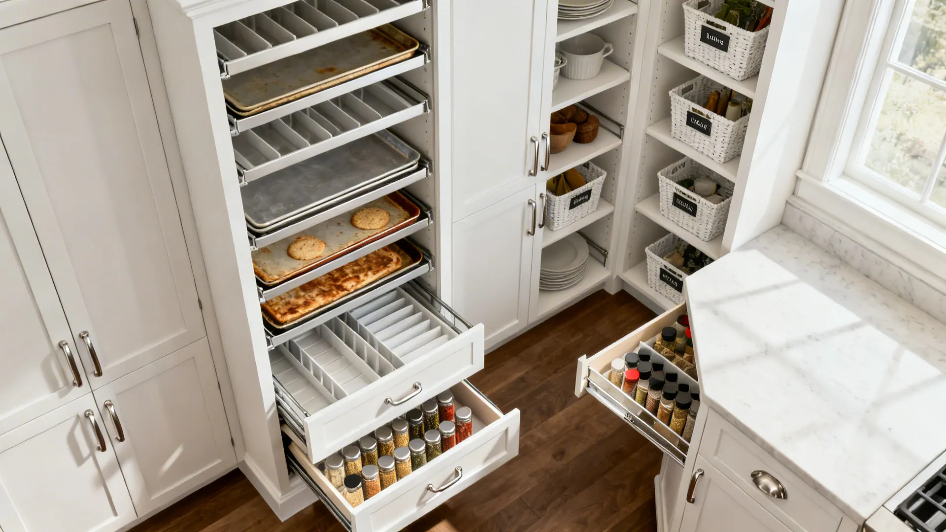 Top-down view of tall pantry pull-outs, tray dividers, spice drawers, and a corner LeMans tray.