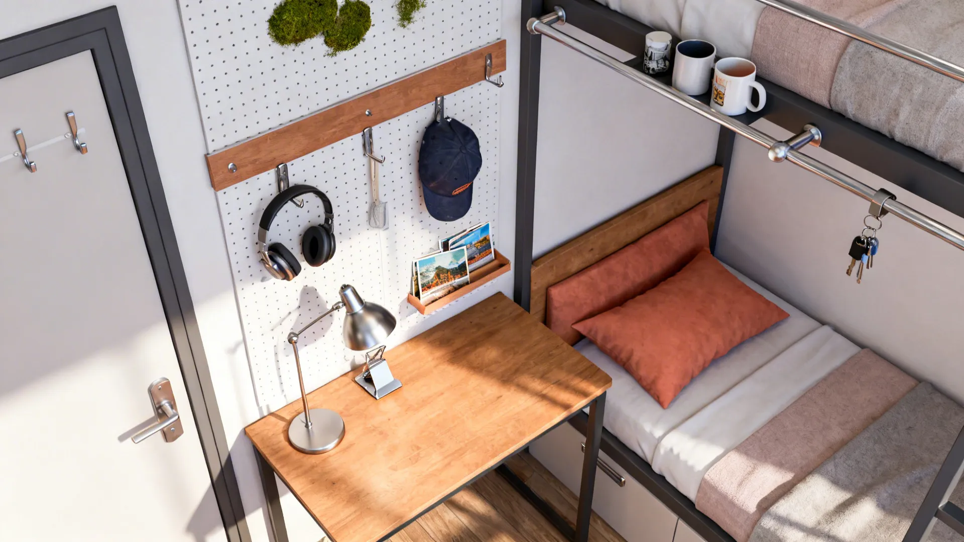 Top-down view of pegboard and rail system organizing a small hostel room while keeping floors clear.