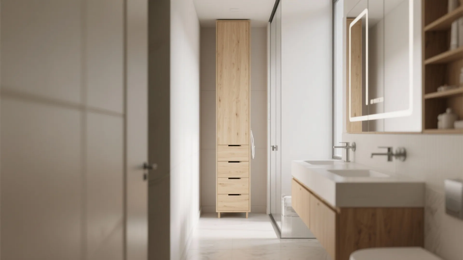 Modern bright bathroom featuring a tall wooden storage cabinet with drawers and white double sink vanity