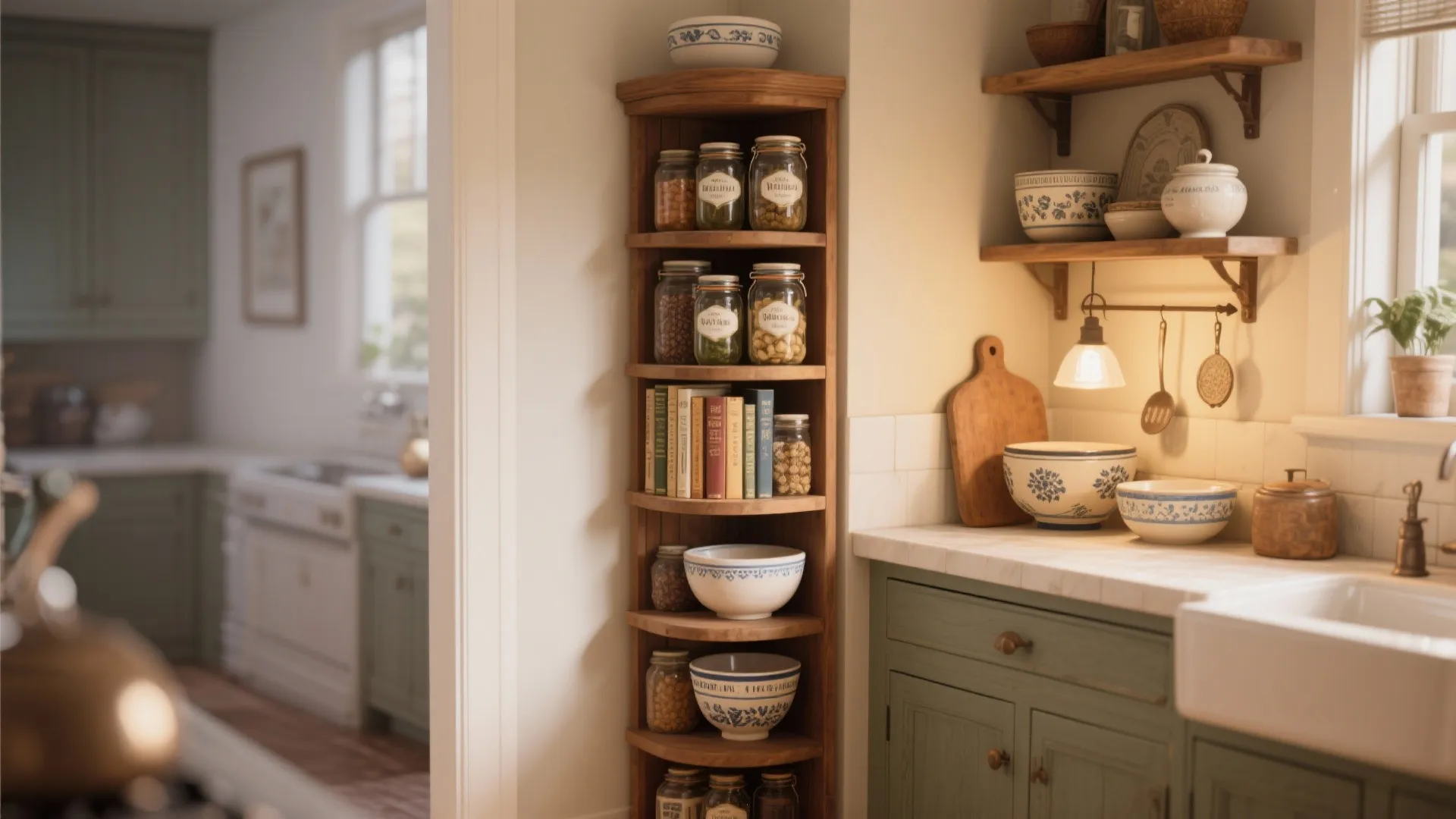 Rustic wooden corner shelf holding glass jars and ceramic bowls in a green kitchen interior