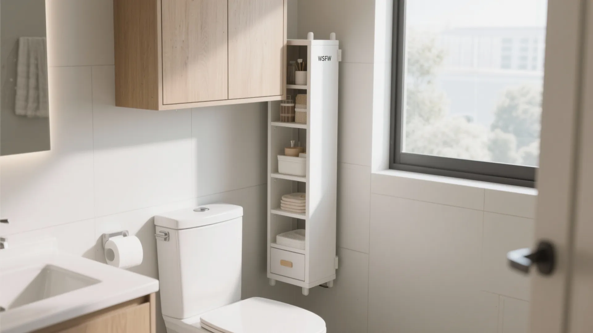 Small bathroom corner showing a slim white storage cabinet next to a toilet and window