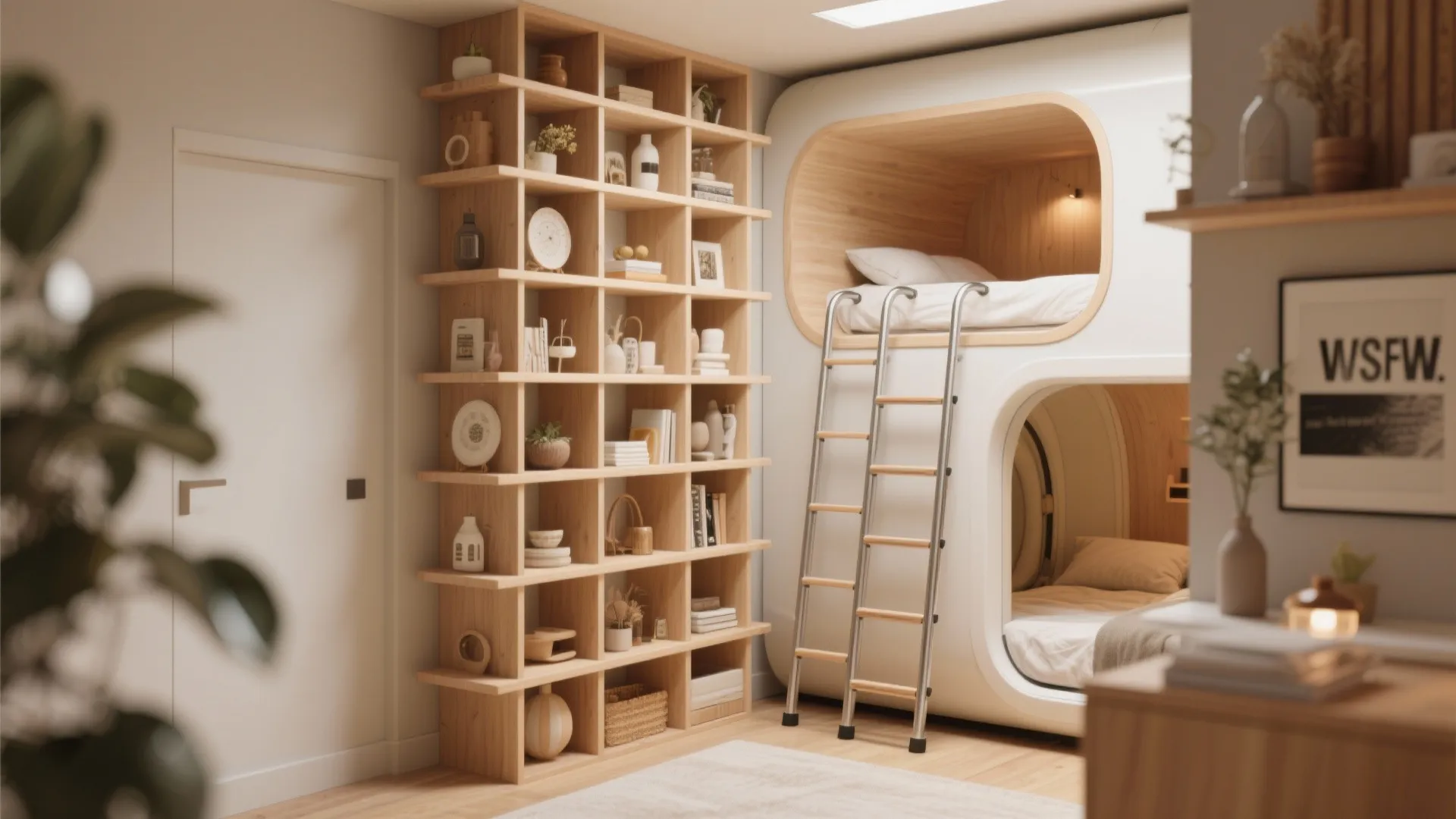 Modern bedroom featuring a tall wooden bookshelf filled with items and a sleek white bed