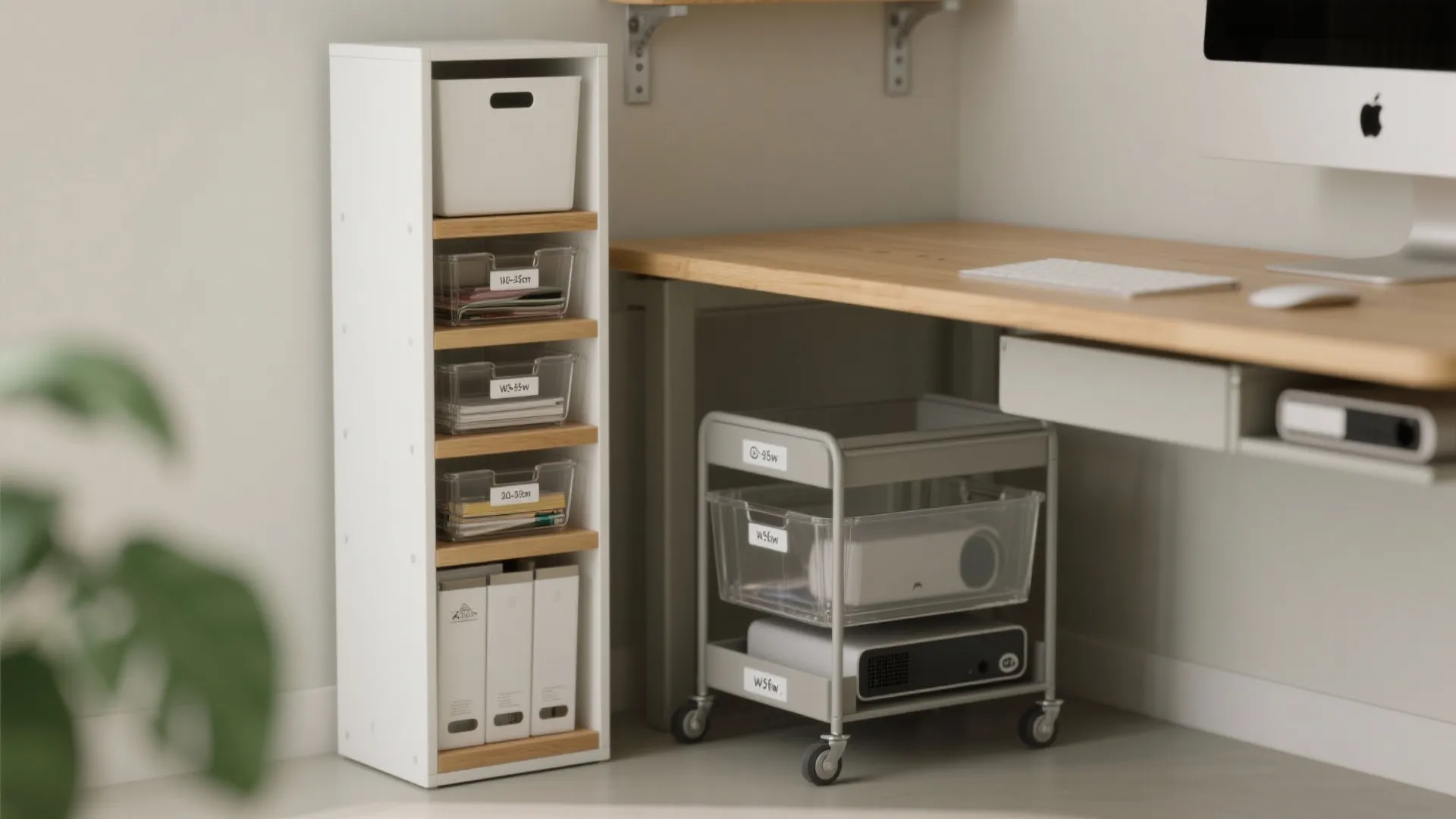 Tall white cabinet with wooden shelves and bins next to a desk with rolling cart