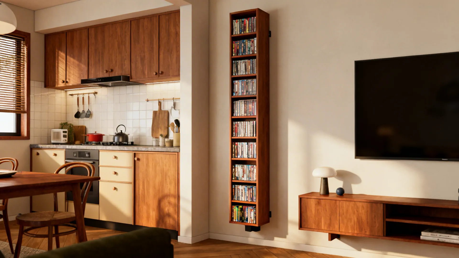 Tall slim wooden wall shelf filled with media cases next to kitchen and television area