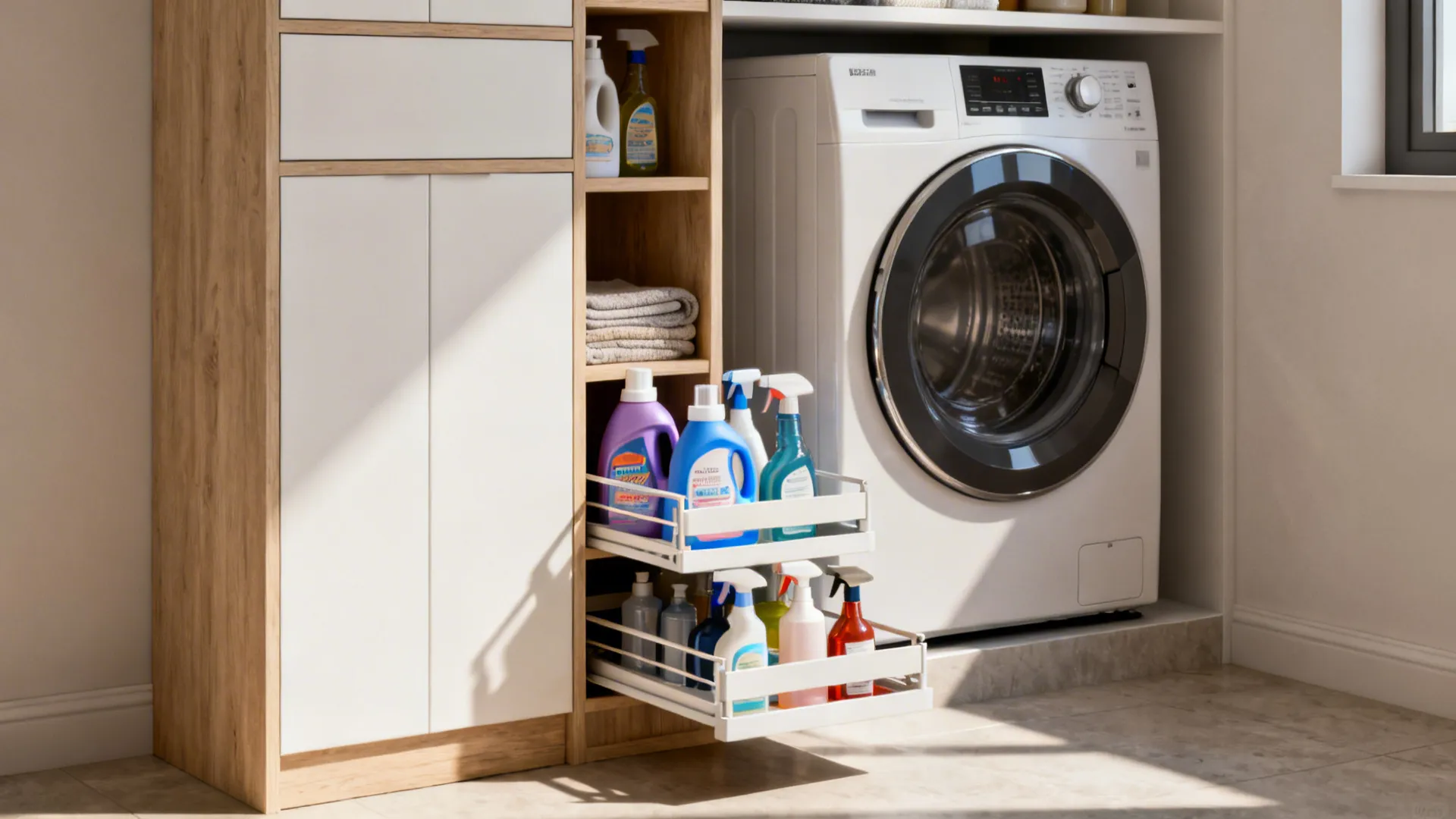 Laundry room cabinet with pull out shelves holding detergent bottles next to white washing machine