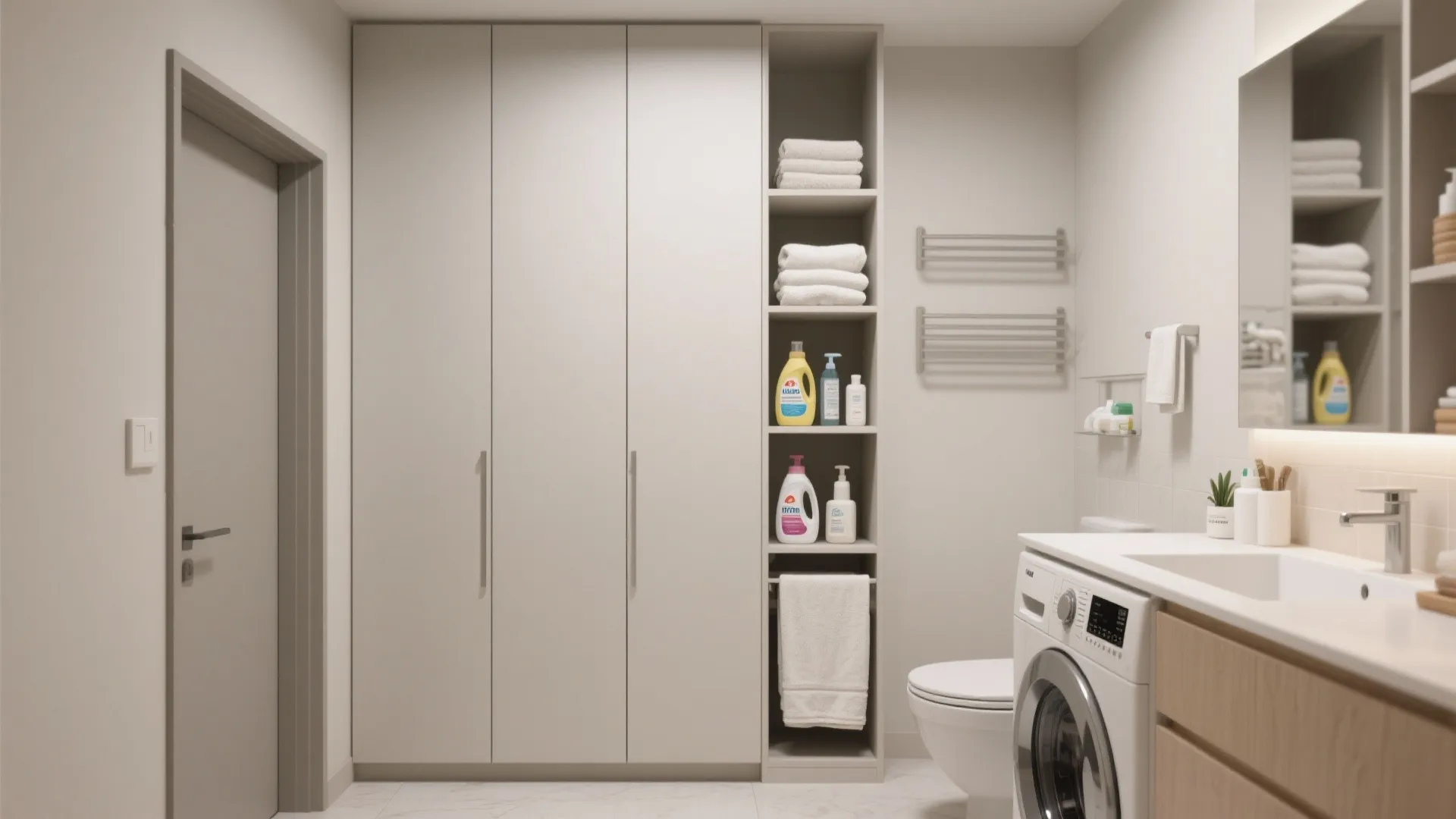 Modern bathroom with white tall cabinet laundry washing machine white sink and open storage shelf units
