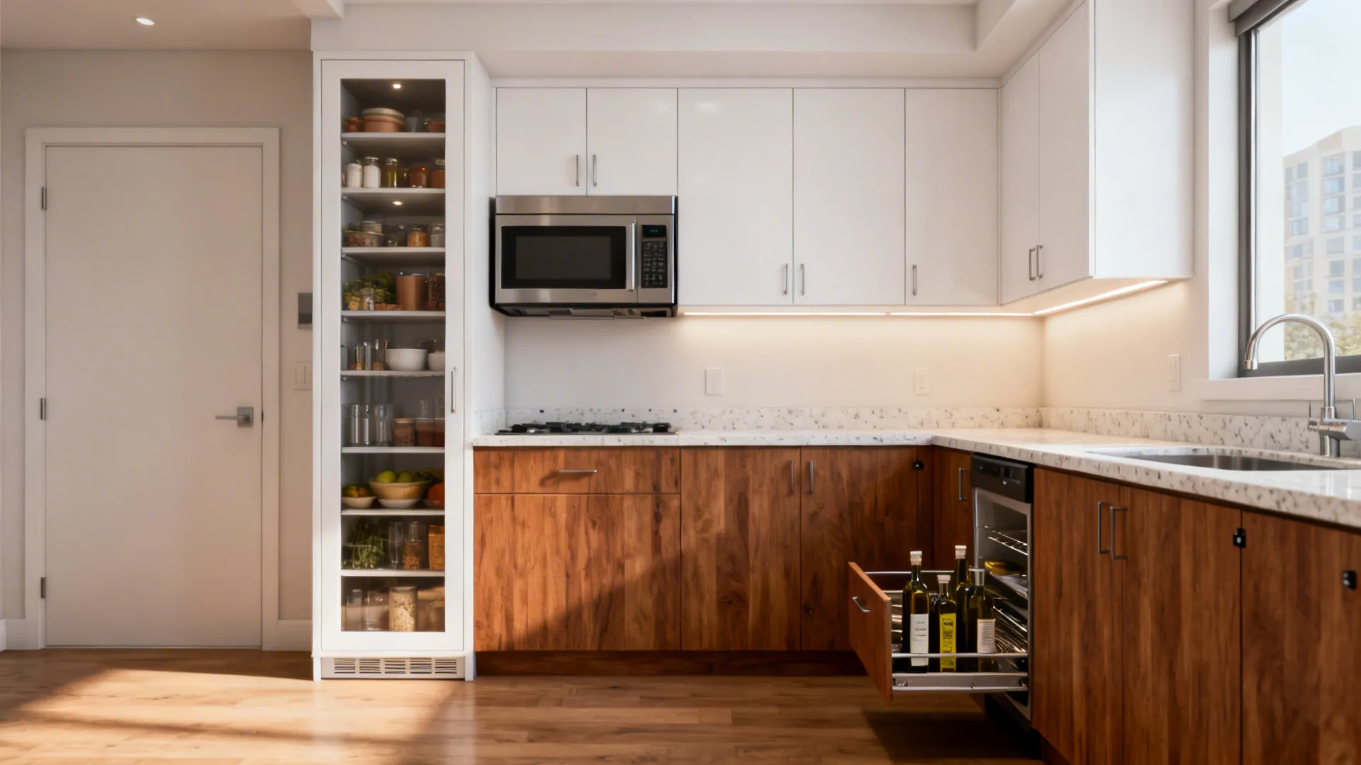Kitchen with tall glass pantry white upper cabinets wood lower cabinets and open pull-out drawer