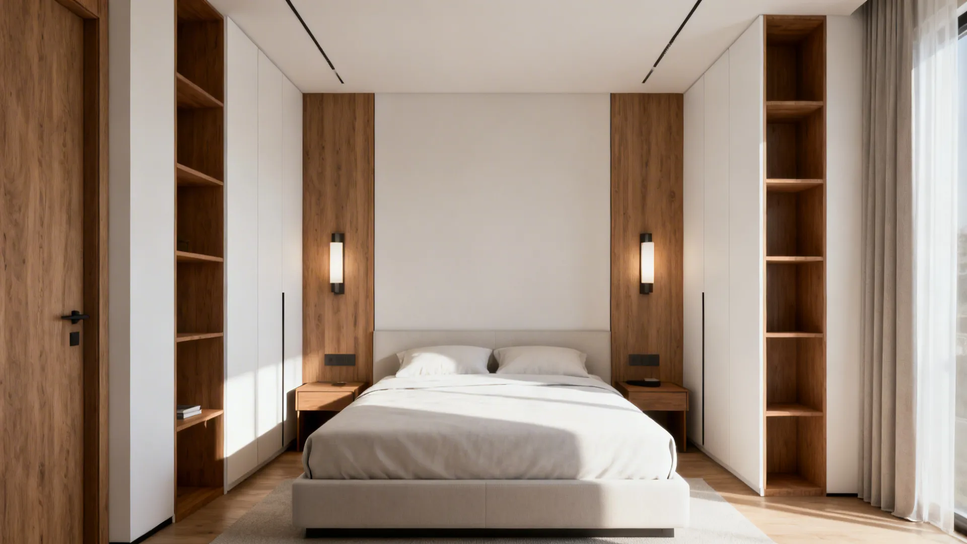 Small bedroom with tall narrow cabinets and shelving flanking a king bed, saving floor space.