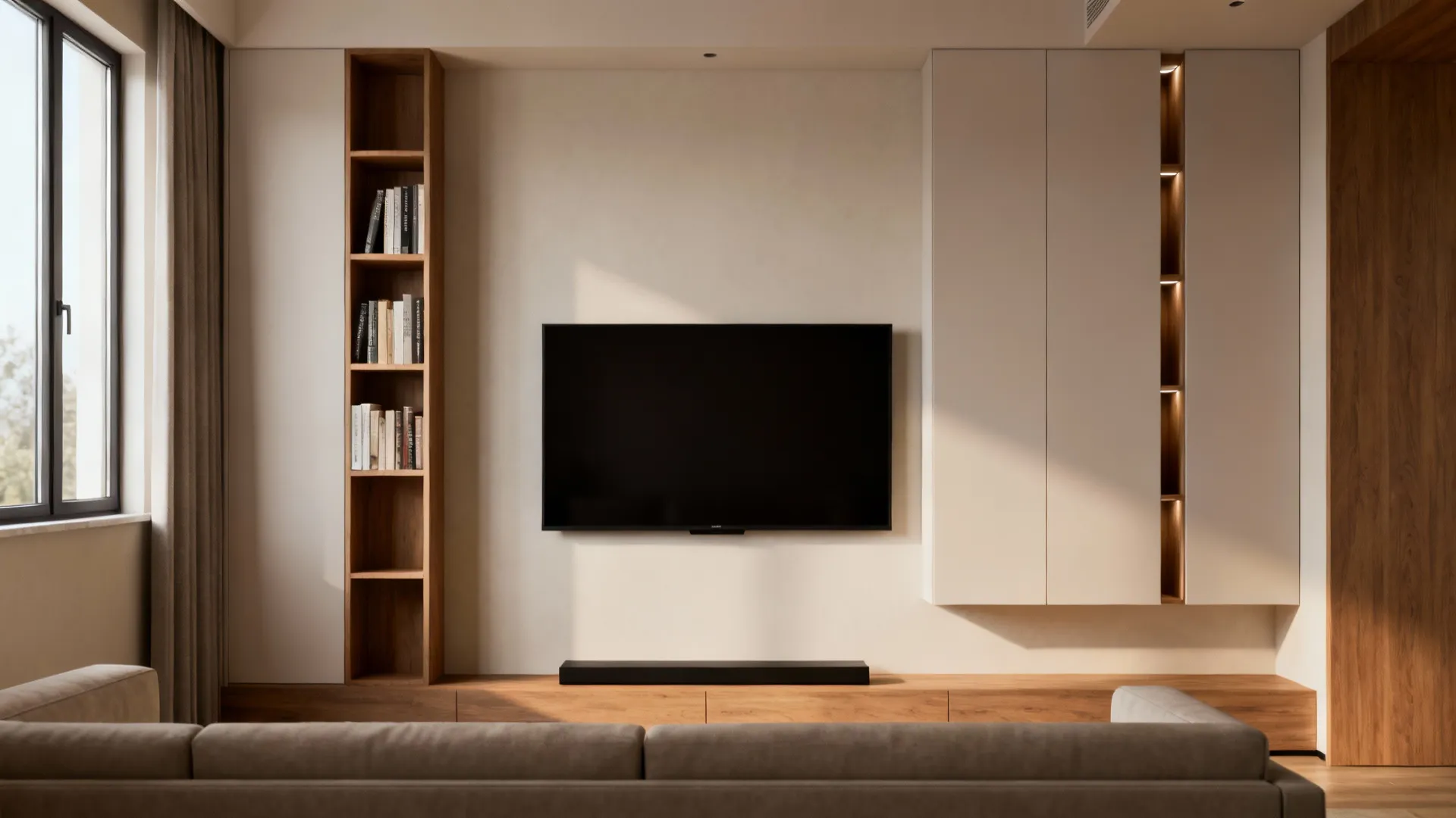 Modern living room wall with television plus wooden bookshelves and white cabinets for vertical storage