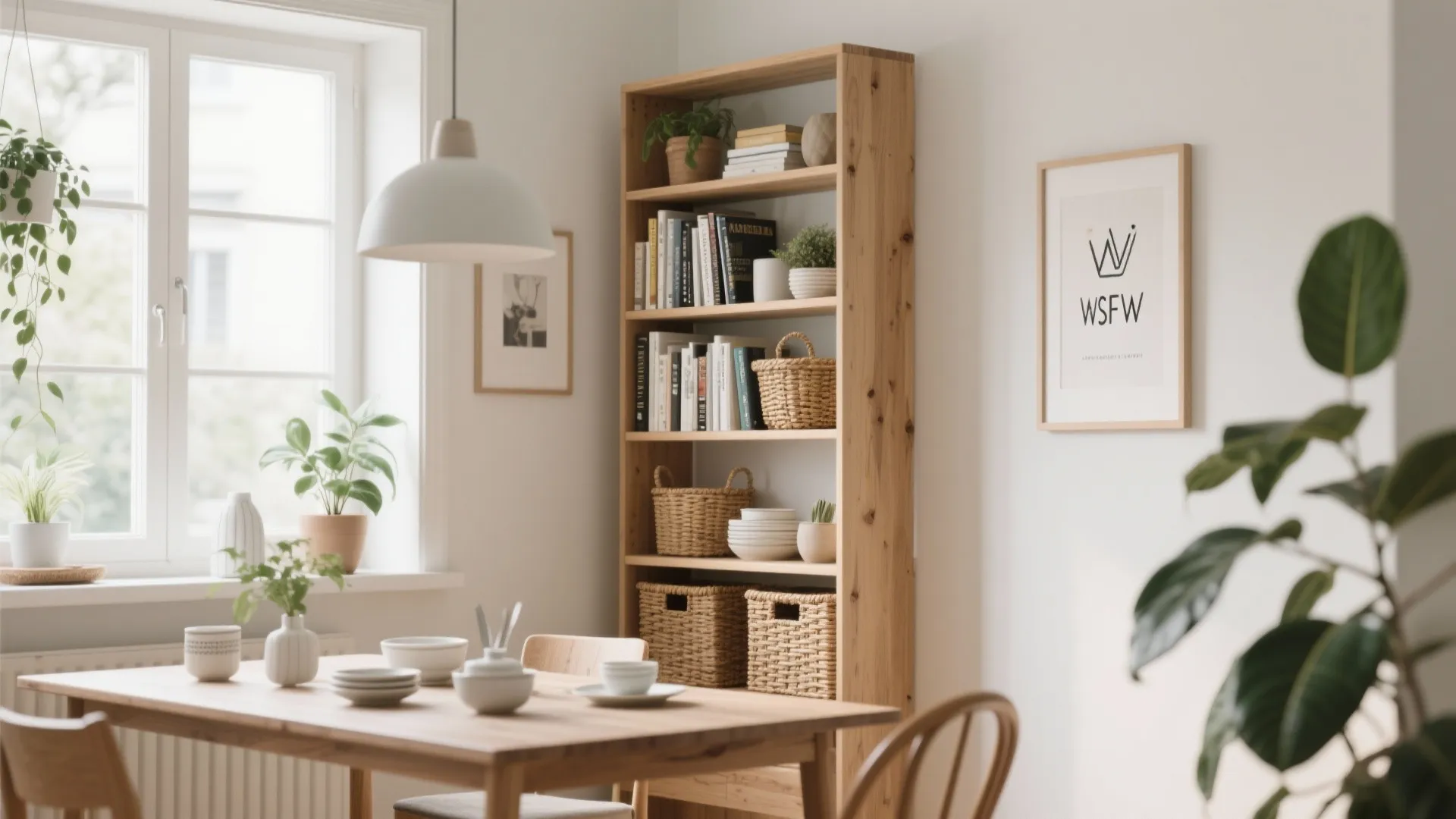 Tall wooden bookshelf with baskets and books next to a dining table and white window