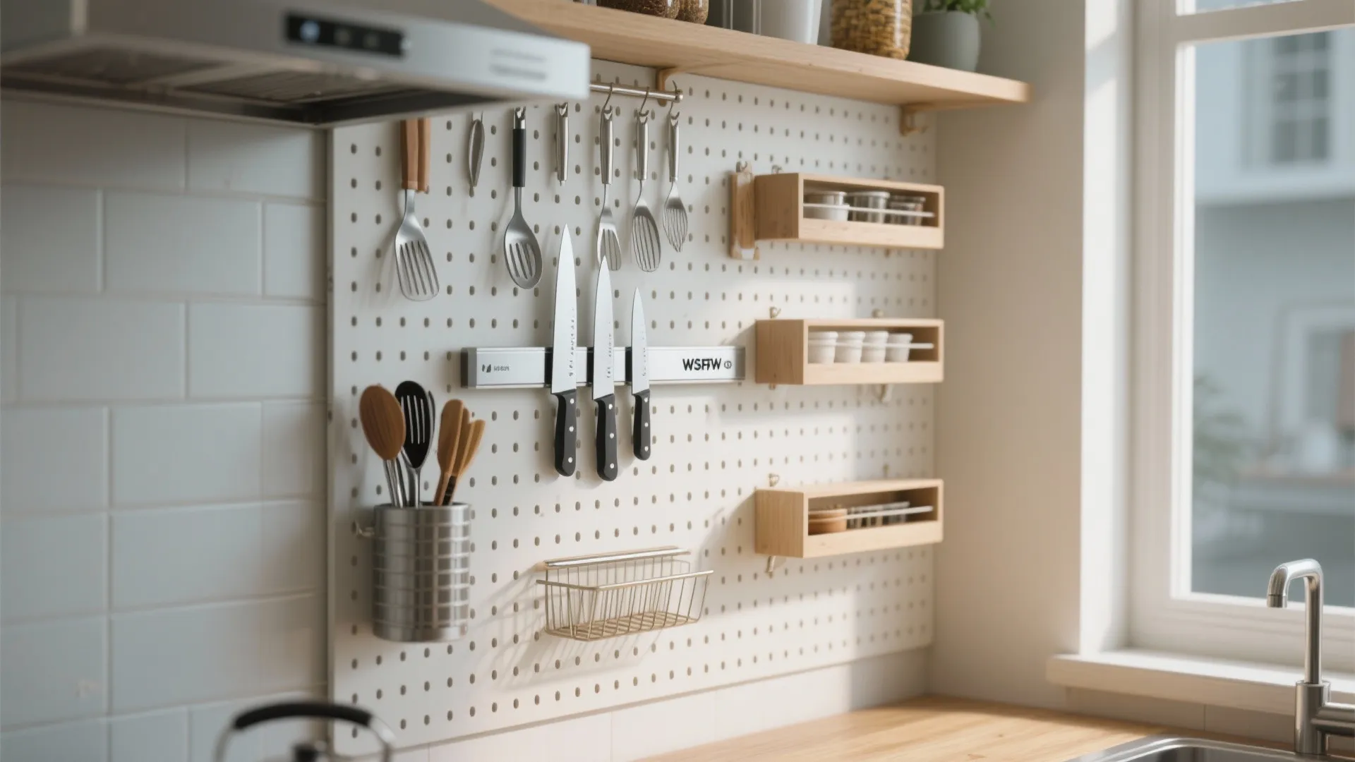 Kitchen wall with pegboard, knife strip, and utensil racks