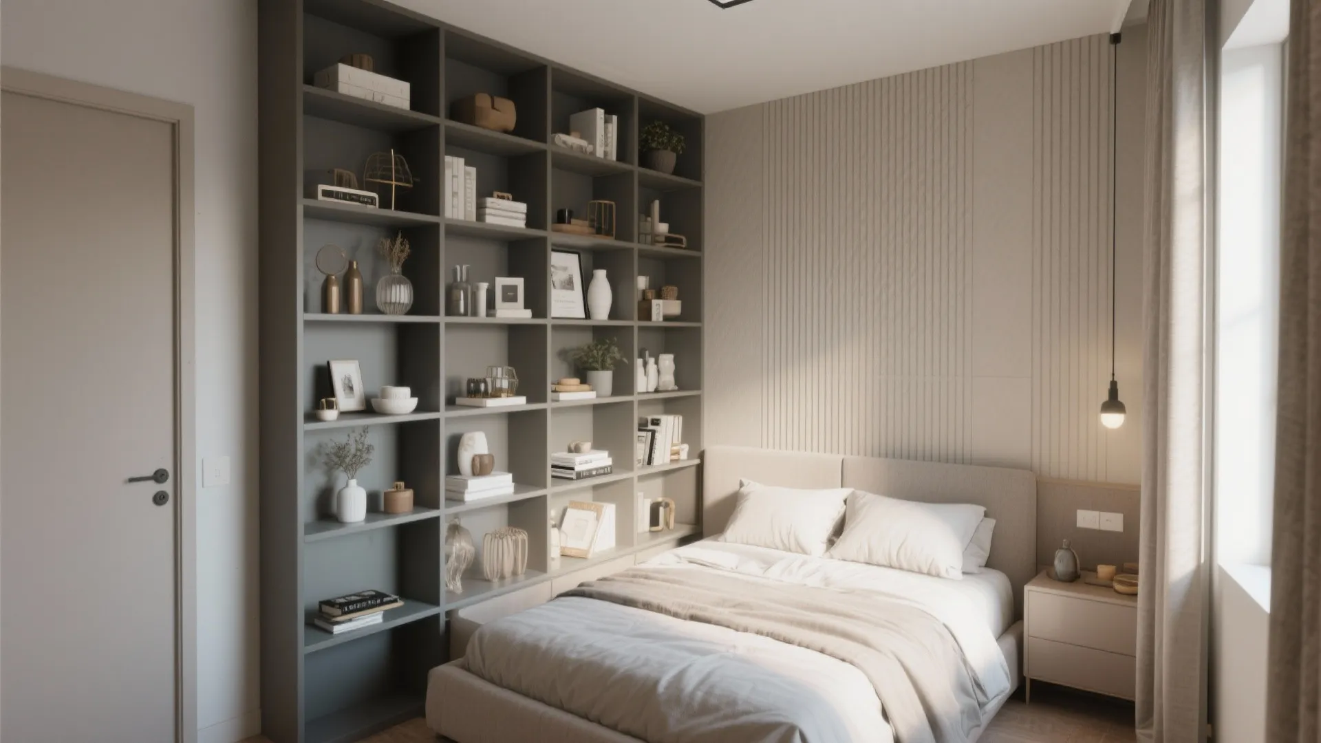 Tall shelving in small bedroom maximizing vertical space