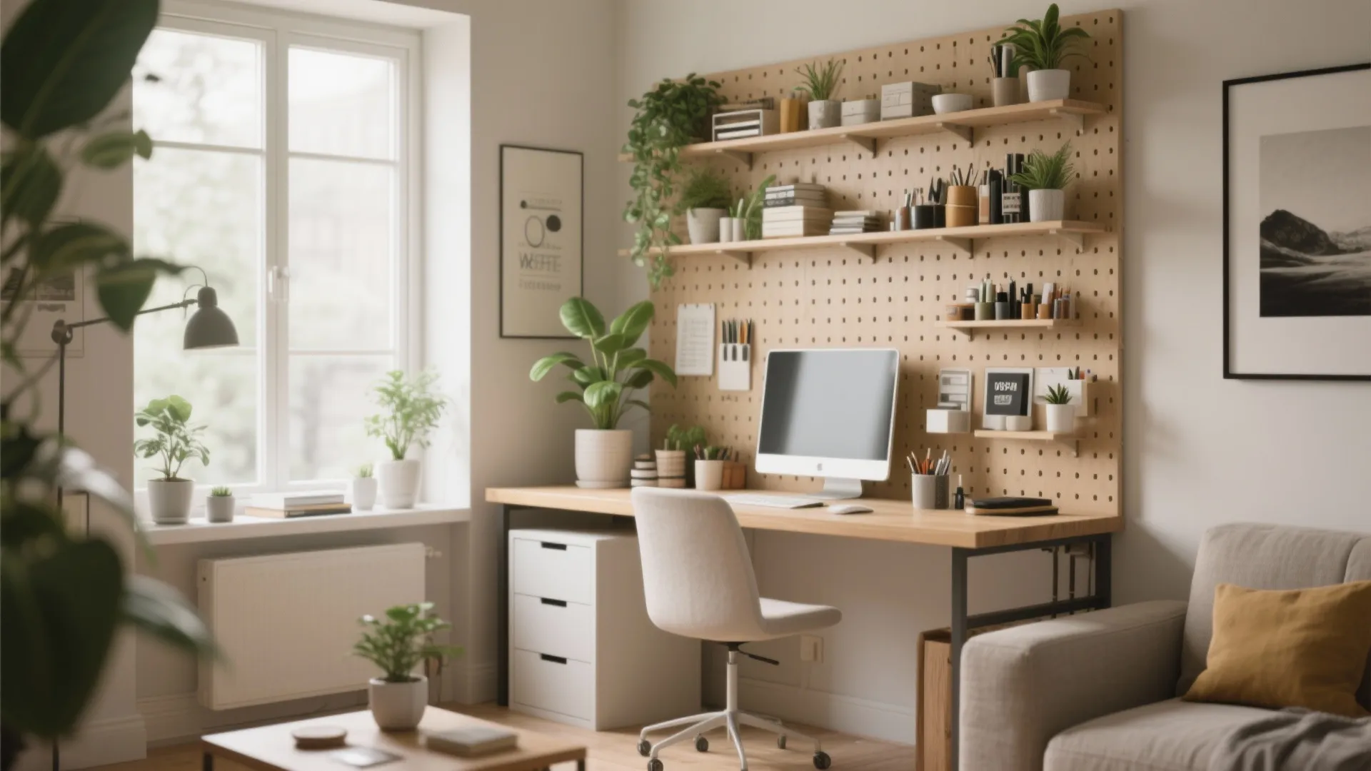 Bright home office featuring a wooden pegboard wall for storage above a clean white desk