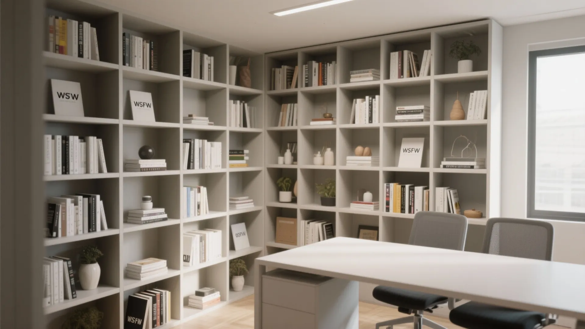 Modern home office with tall wall bookshelf white desk two grey chairs and natural light