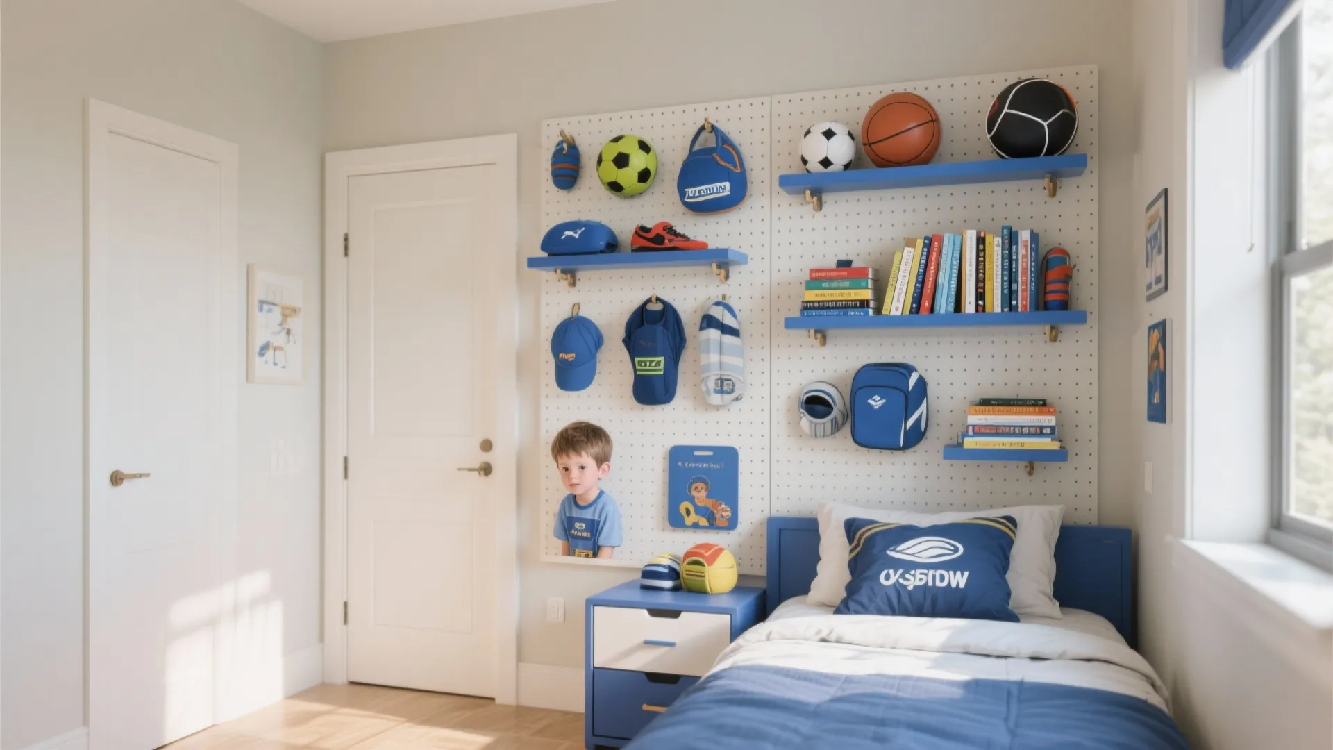 Kids bedroom with white wall panel holding sports gear blue shelves and a small bed