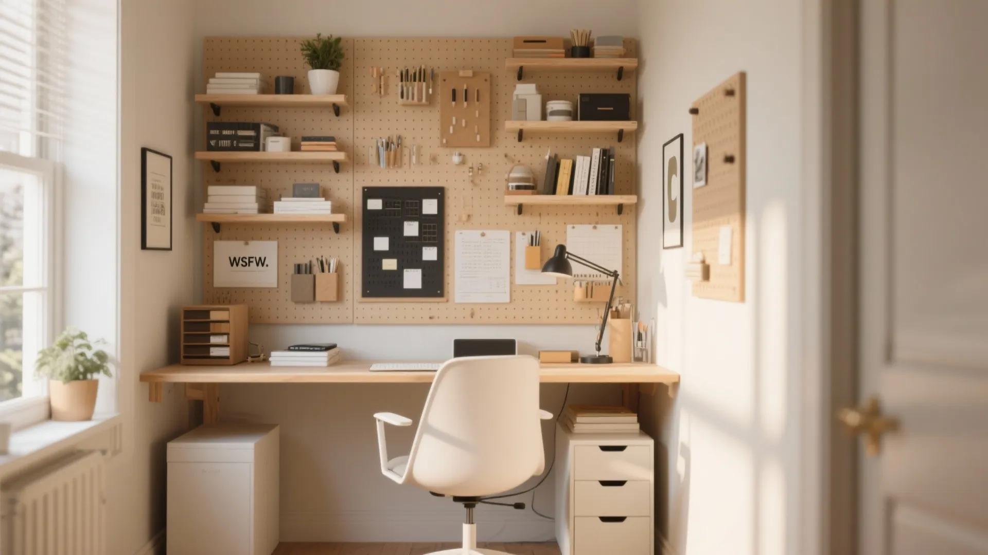 Organized workspace with wooden pegboard wall shelves black desk lamp white chair and storage units