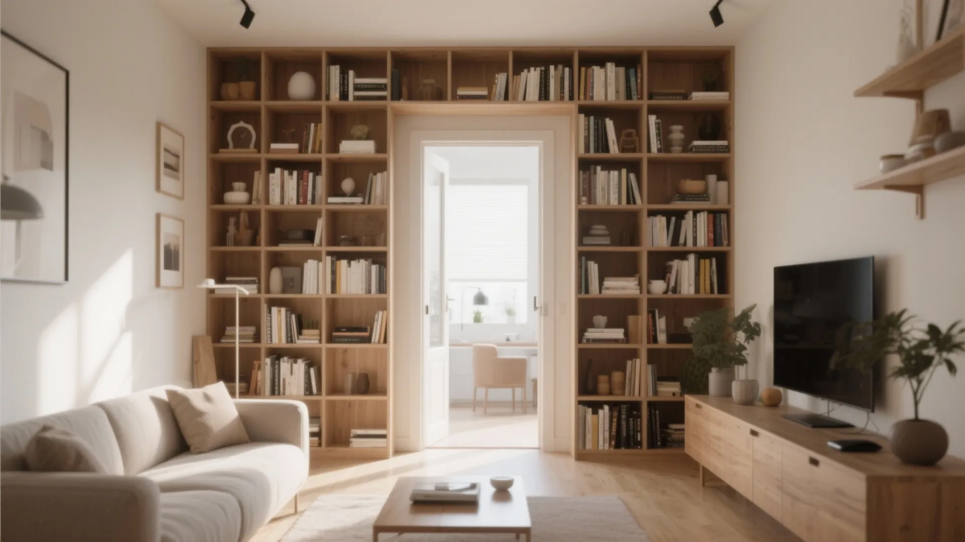 Living room with wooden wall bookshelf surrounding door white sofa and large TV cabinet stand