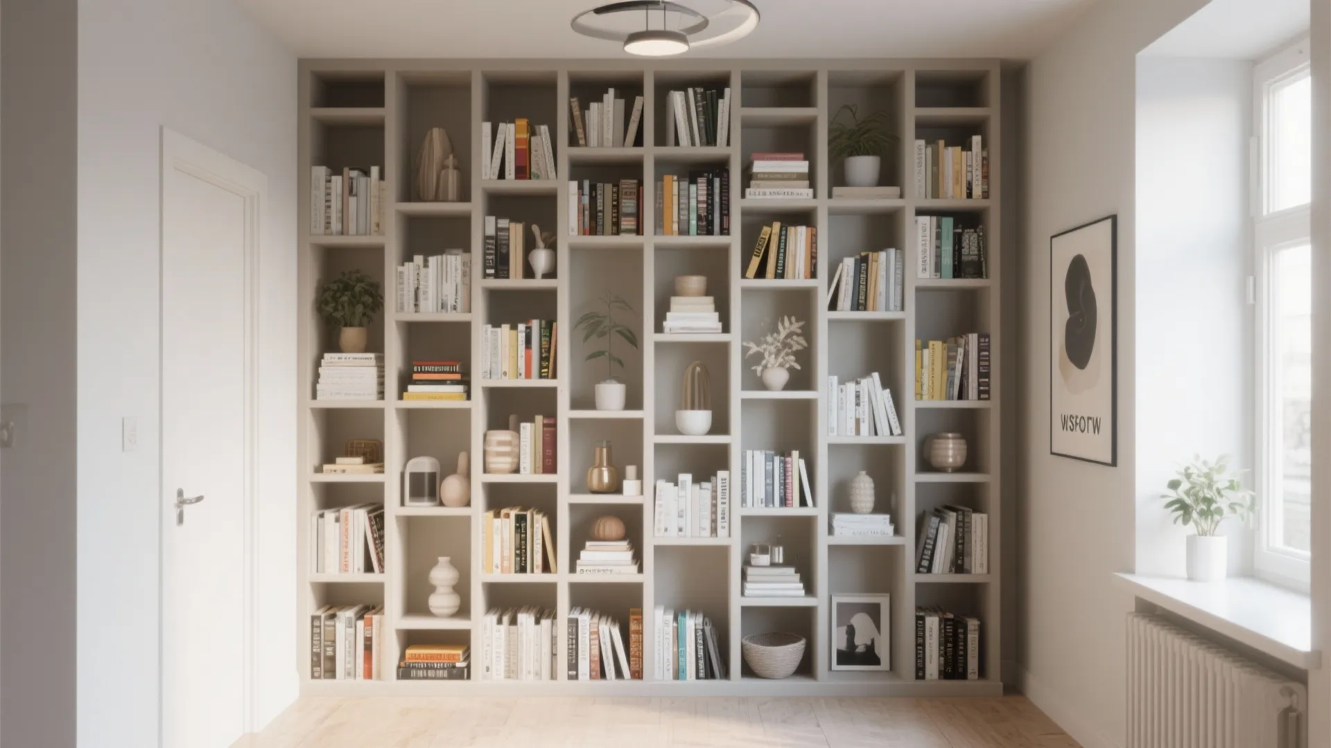 Tall shelving reaching ceiling in small apartment