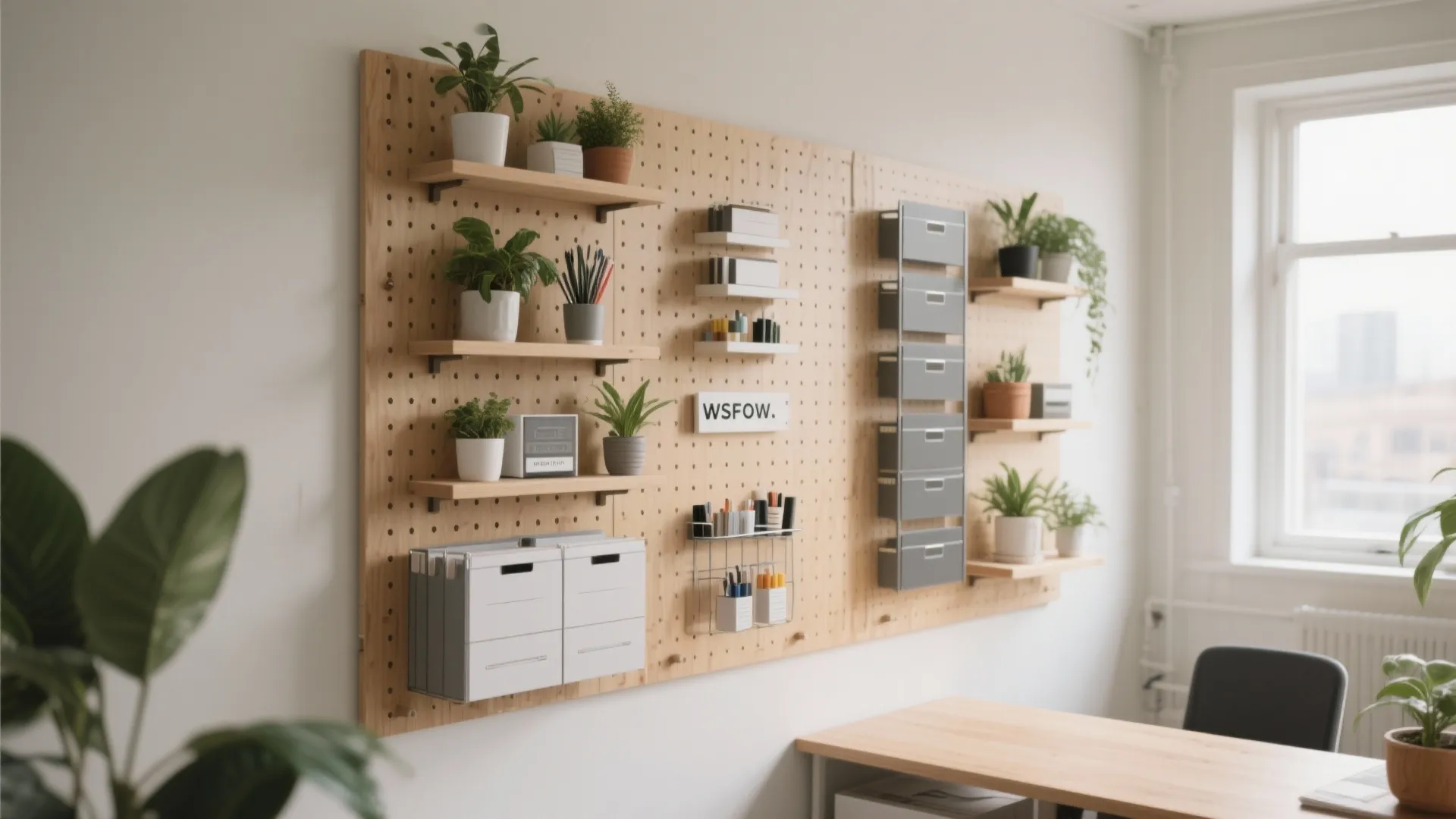 Vertical pegboard and shelves organizing a small office wall