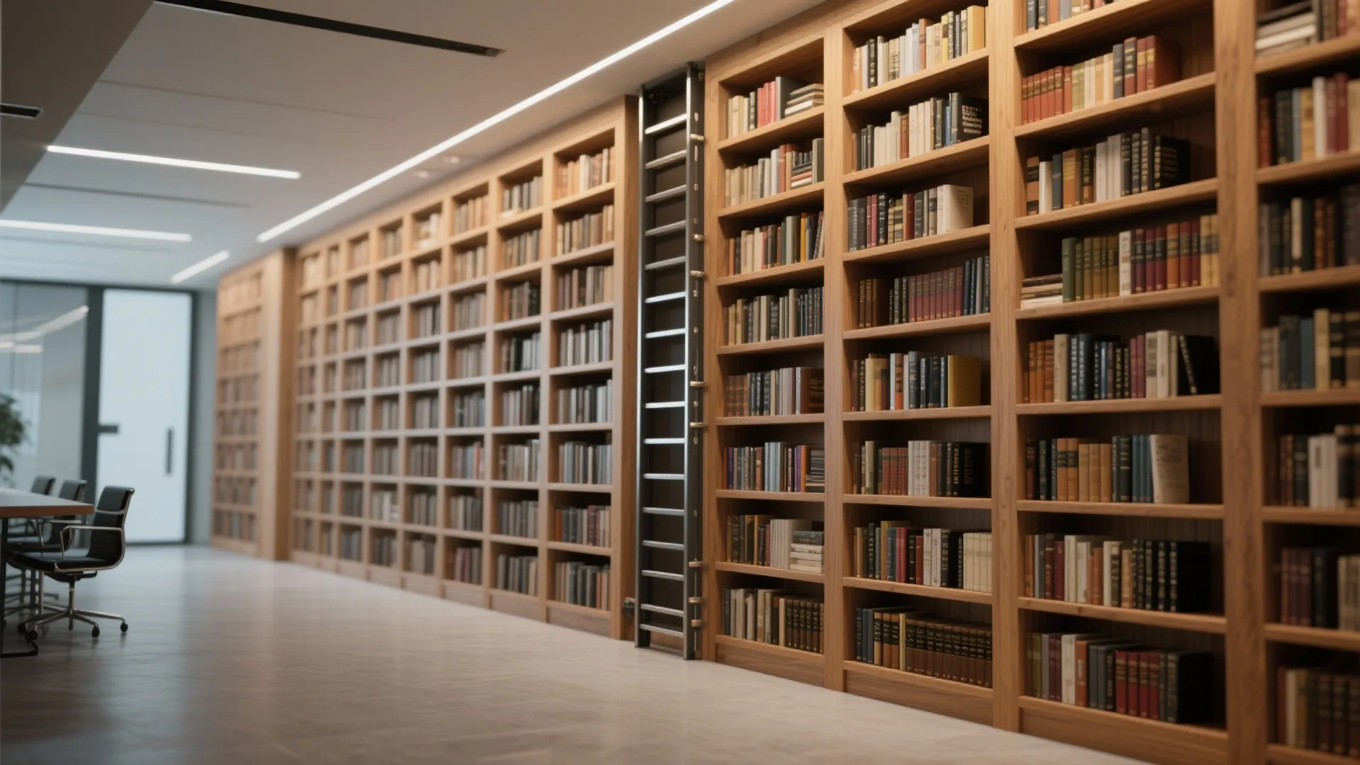 Tall wooden shelving with integrated ladder in a corporate library