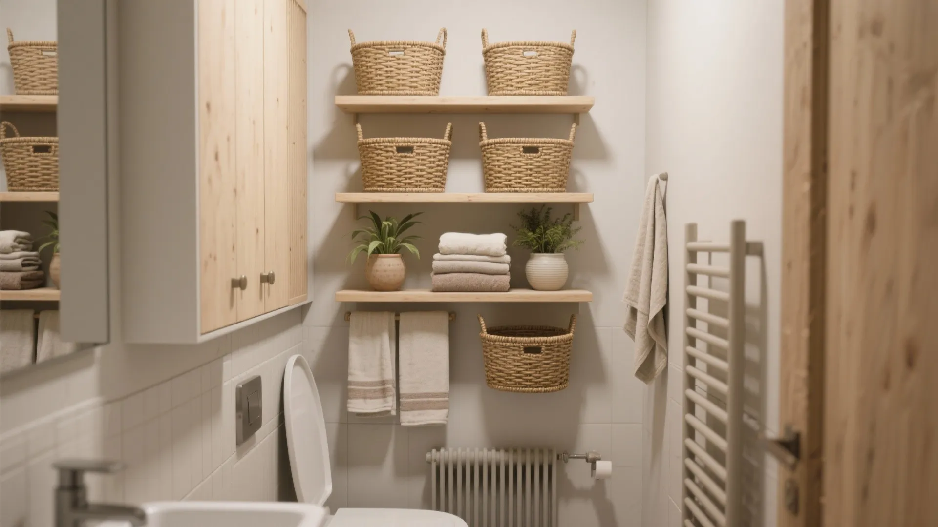 Small bathroom with wooden shelves holding woven baskets and folded towels on a white wall
