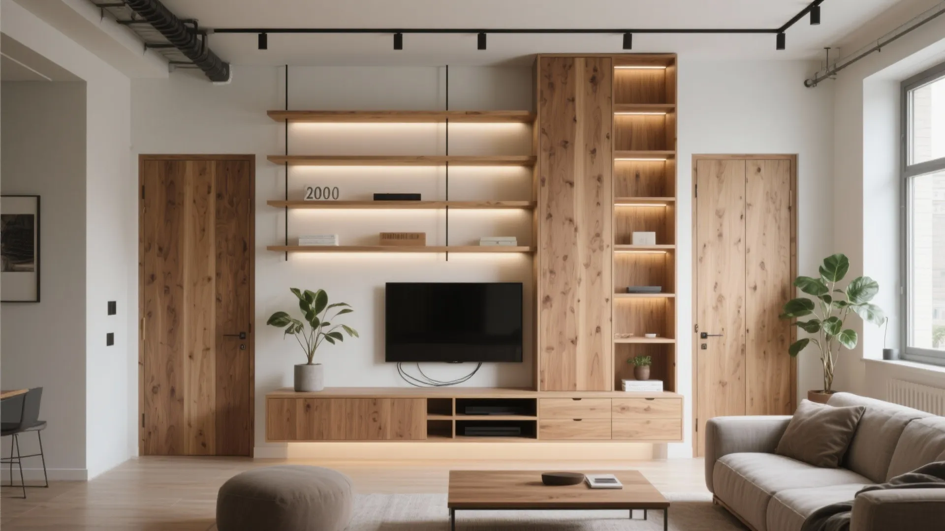 Vertical storage walls with warm wood accents