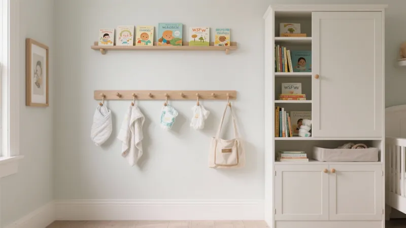 Calm Nursery Corner with Wooden Shelves and Hooks
