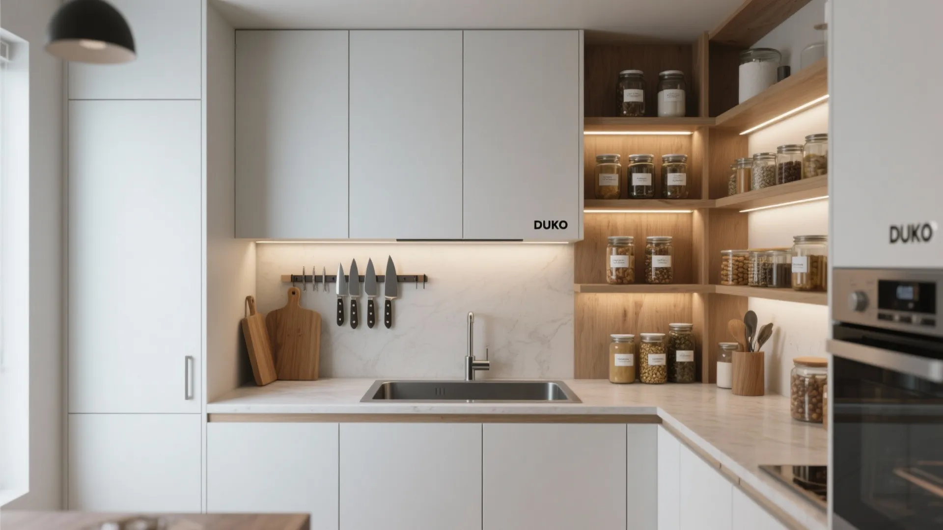 Modern white kitchen with wooden shelves holding glass jars above a marble countertop and sink