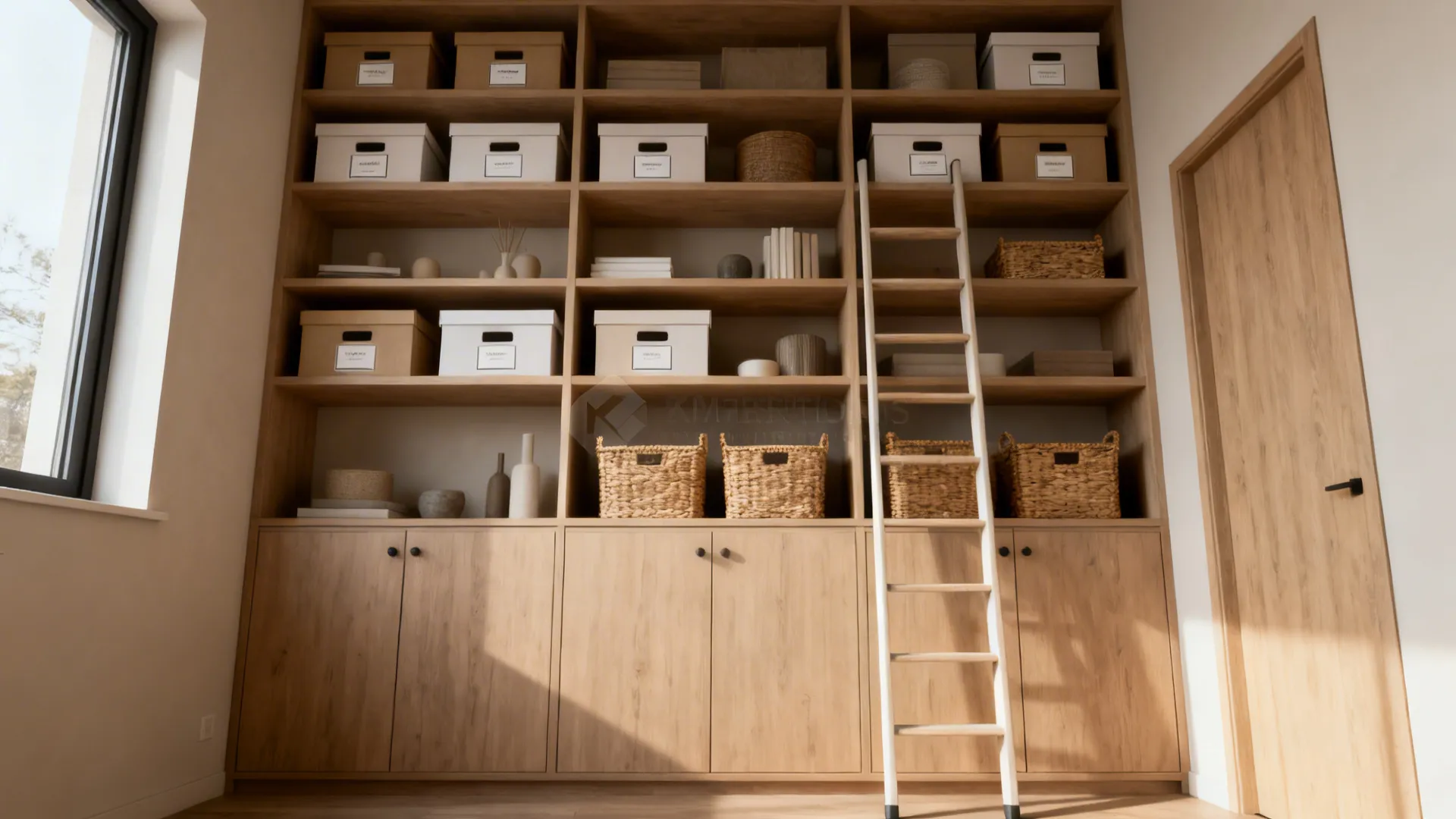 Tall floor-to-ceiling shelving with closed lower cabinets and open upper shelves in a small room.