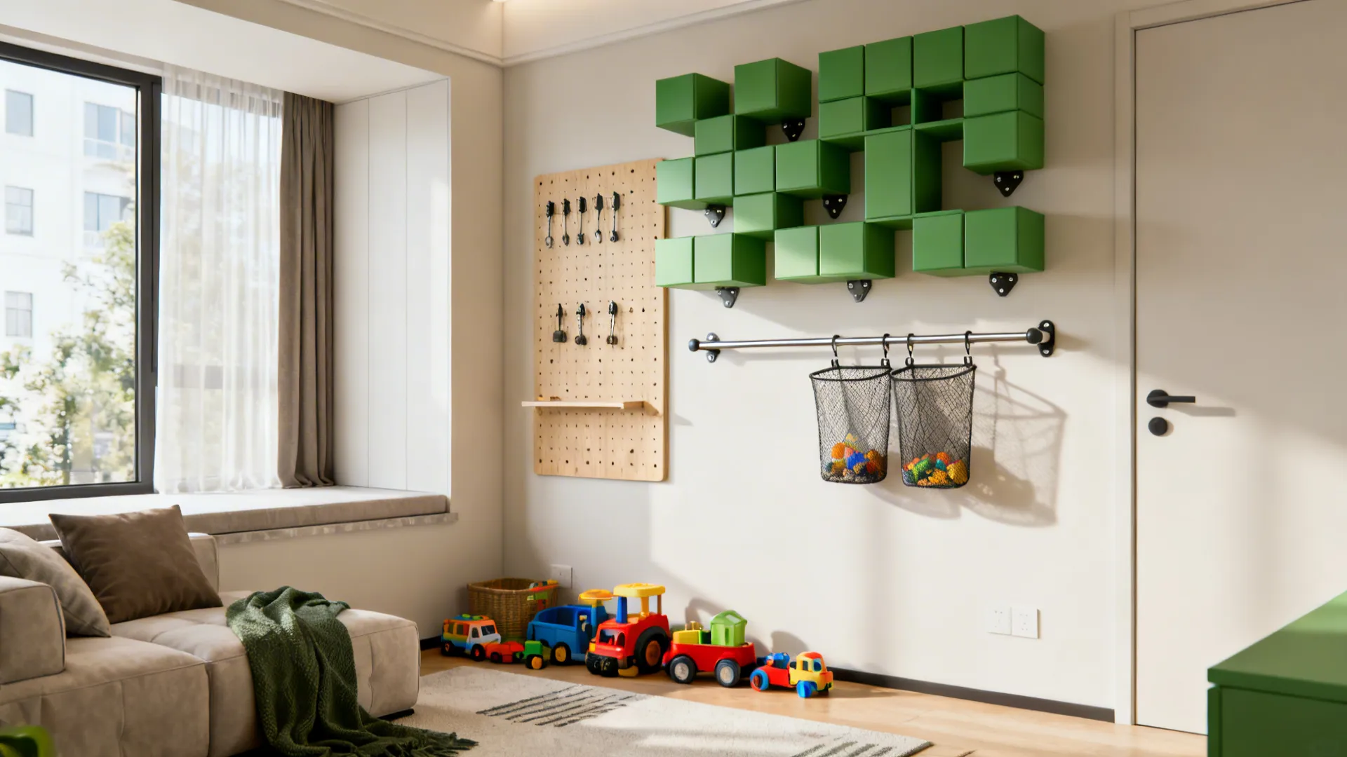 Kids room with green wall cubes pegboard and hanging baskets for organized toy storage space