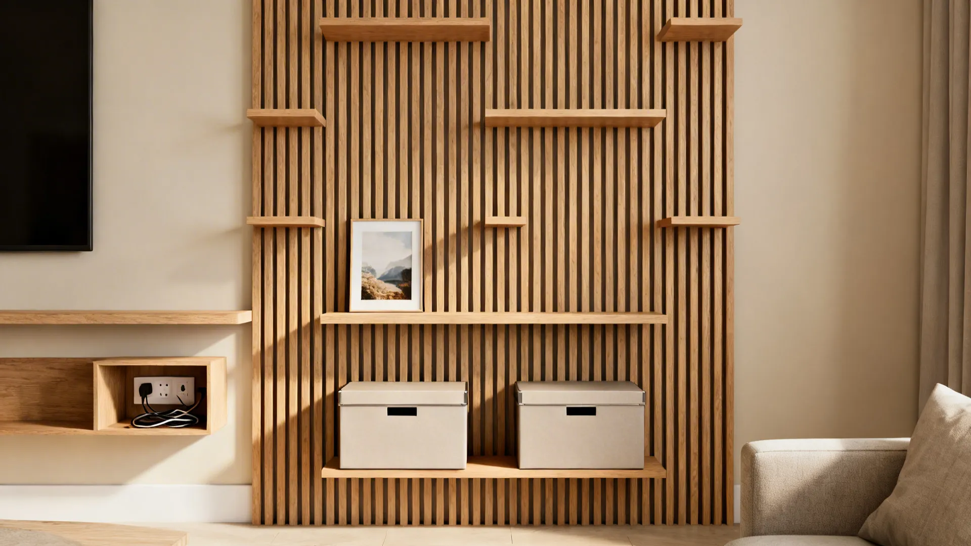 Vertical storage wall with shallow shelves, picture ledge, and two closed boxes in warm neutrals.