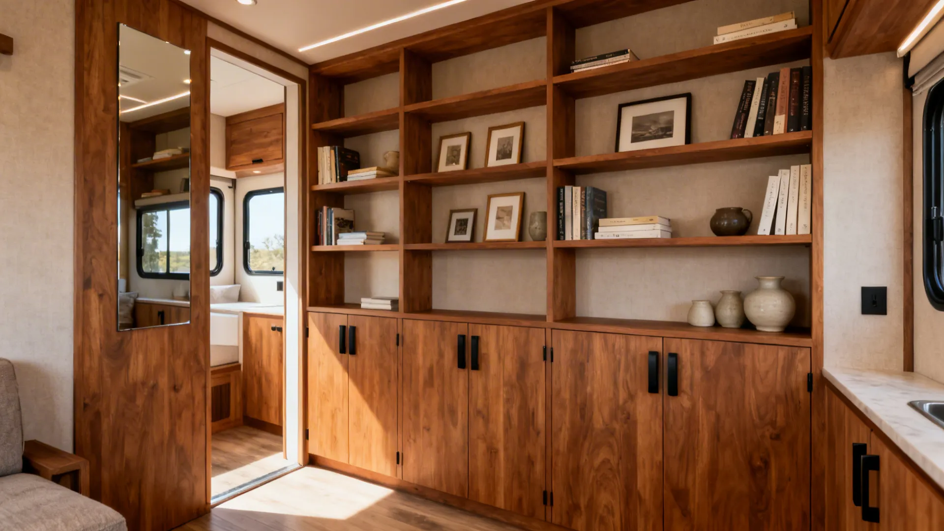 Vertical storage wall with open shelves and base cabinets in a mobile home living room.