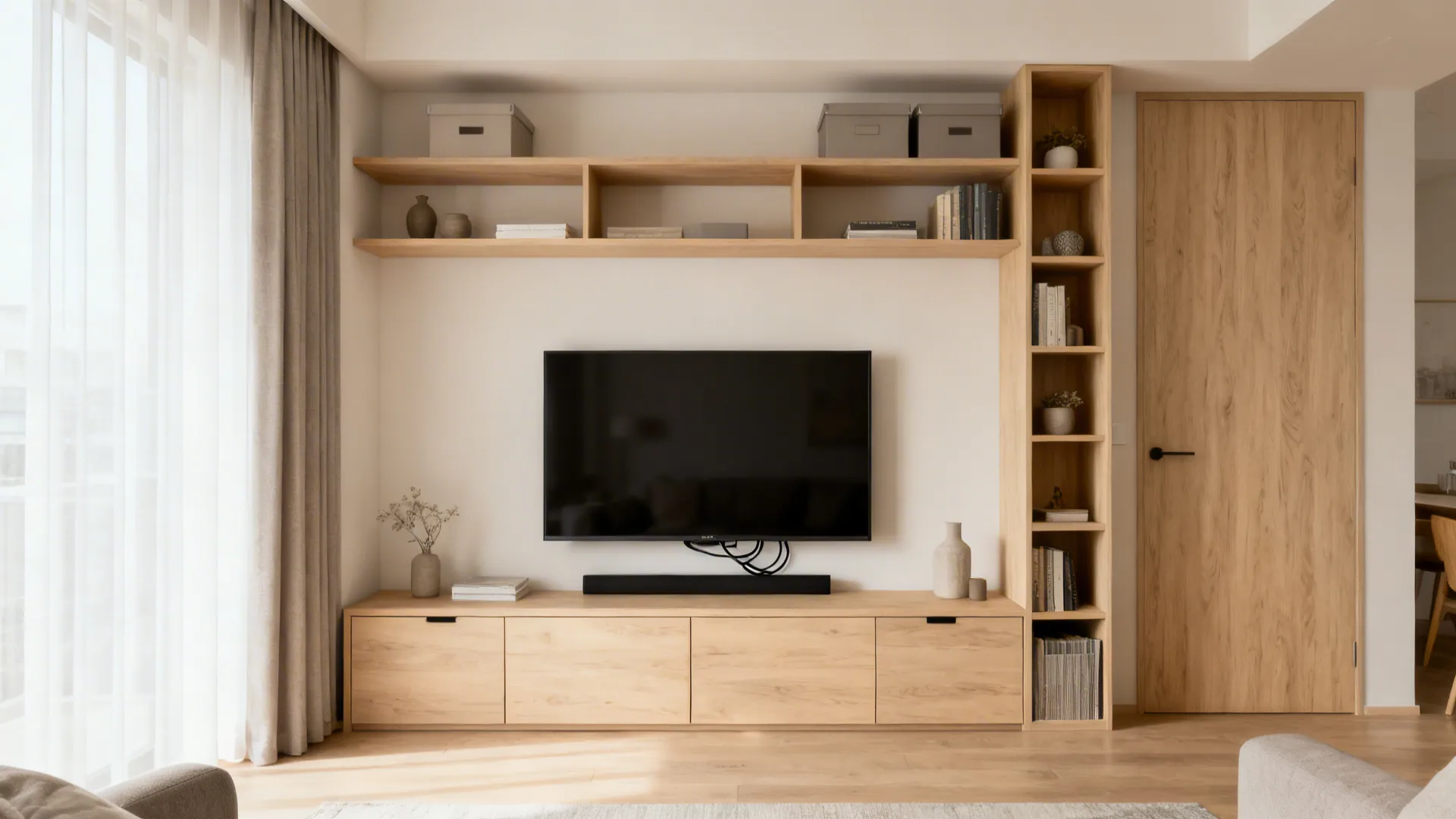 Small living room with shallow storage wall mixing closed cabinets and open shelves with a flush TV.