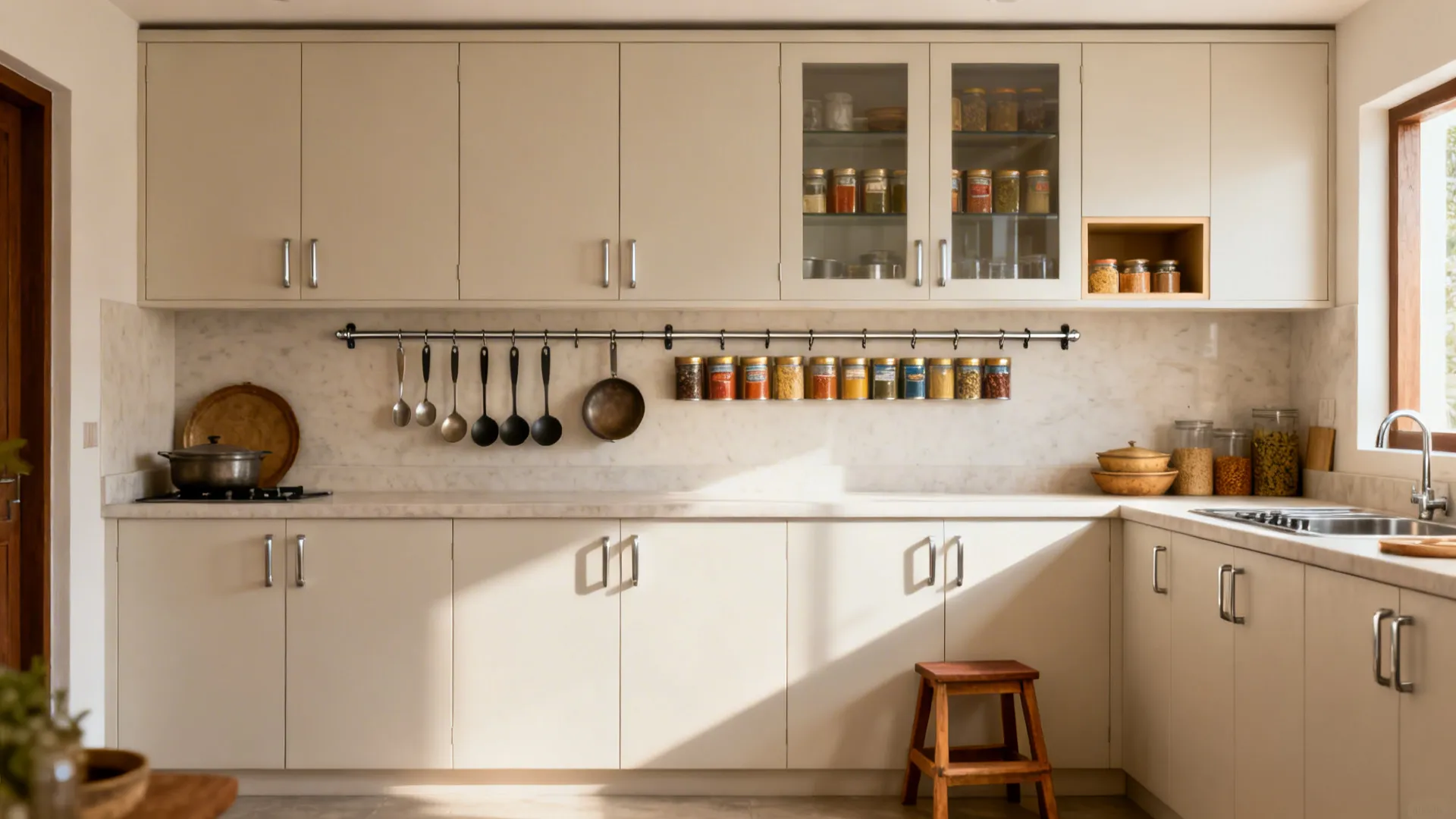 Ceiling-height pantry with glass inserts and a slim backsplash rail in a small kitchen.