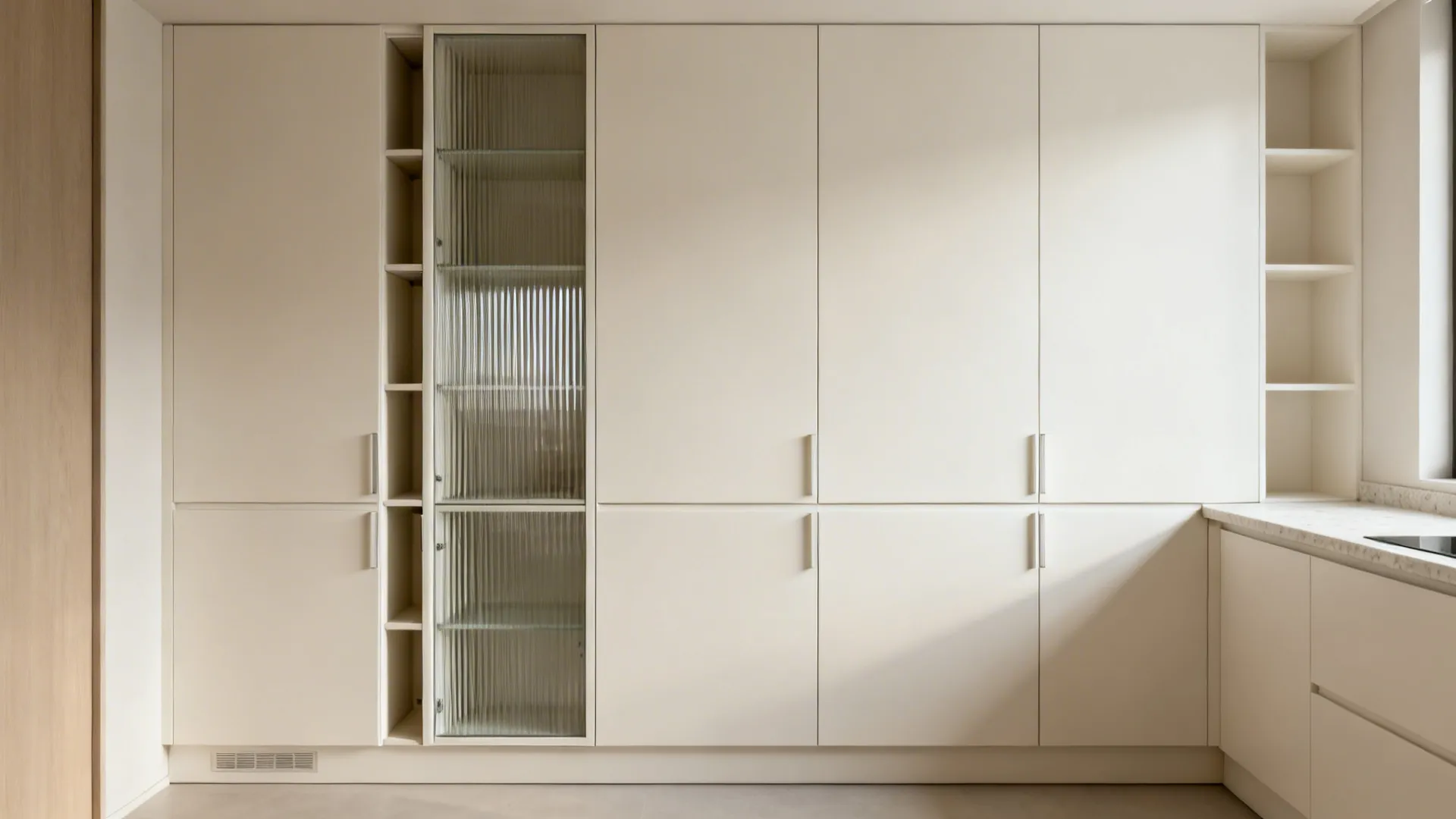 Minimalist full-height cabinetry with shallow uppers and a ribbed-glass stack in a compact studio kitchen.