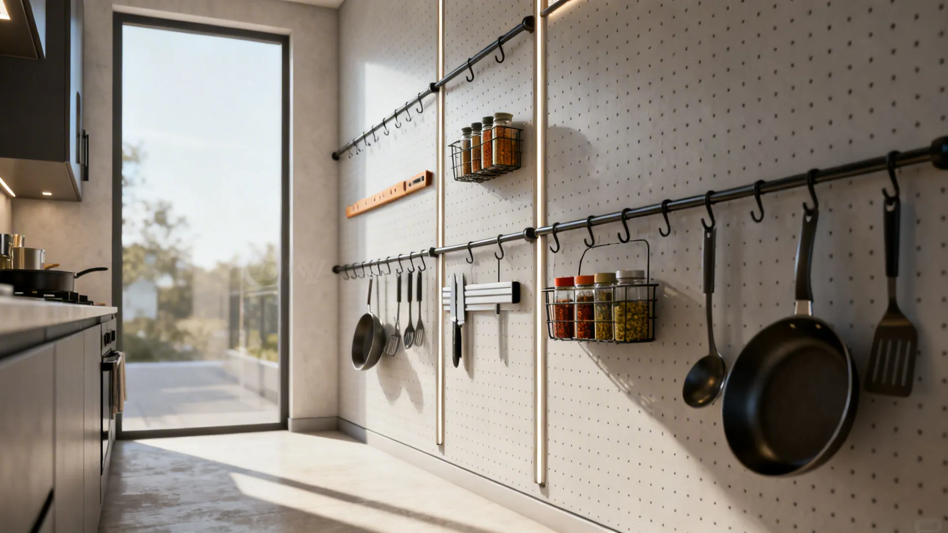 Narrow kitchen wall with pegboard, rails, and magnetic strip organizing utensils and spices.