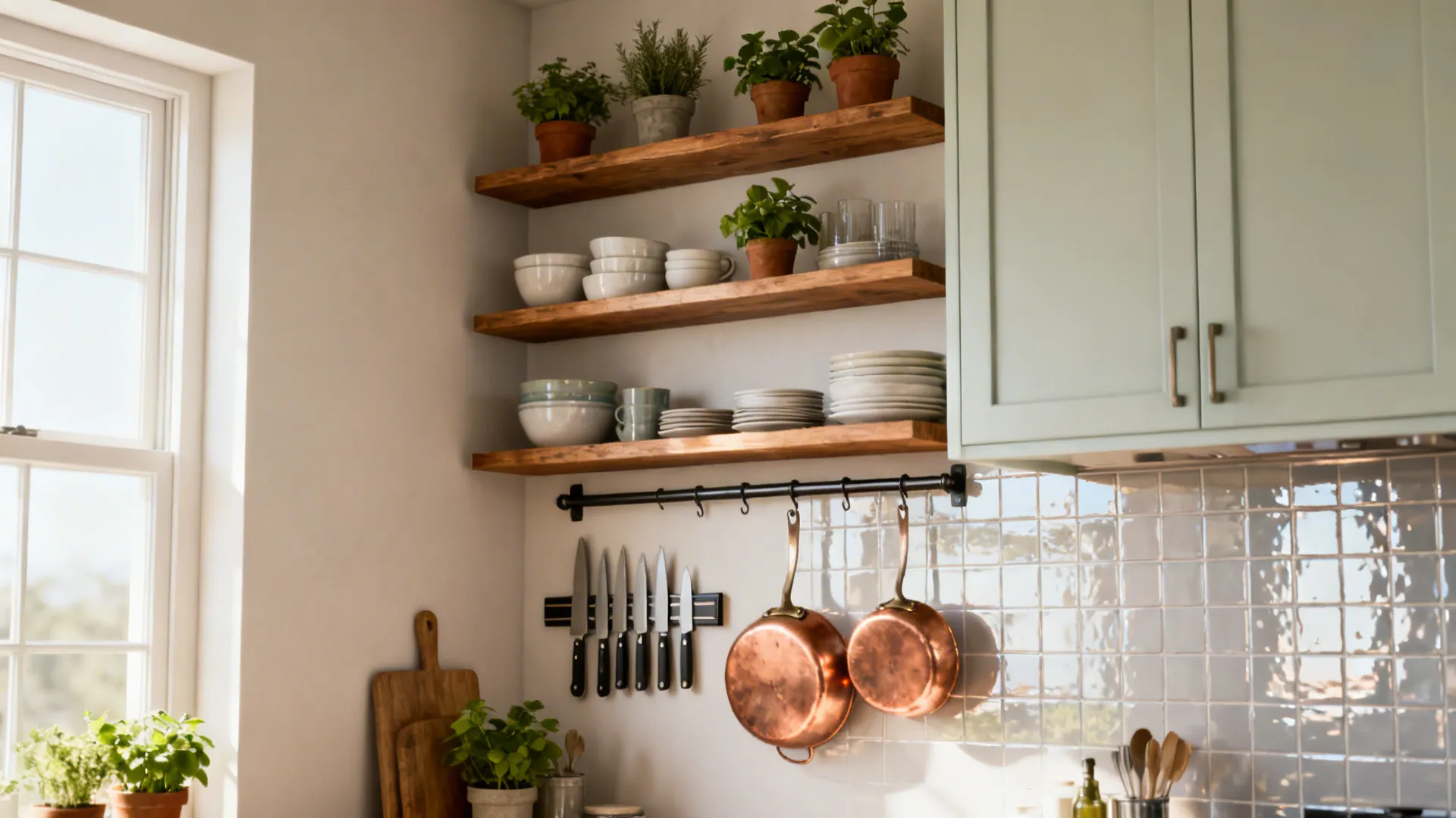 Vertical storage wall with staggered floating shelves, magnetic strip and pot rail in a small kitchen