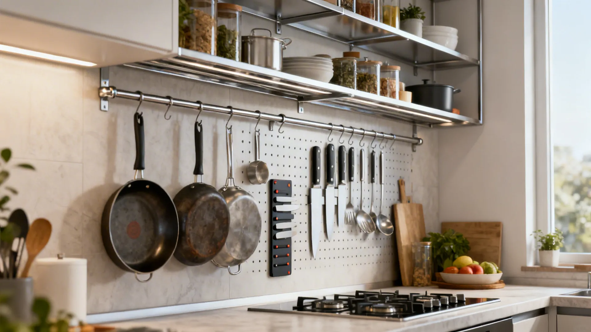 Vertical storage wall with rails, pegboard and magnetic strip in a compact kitchen.