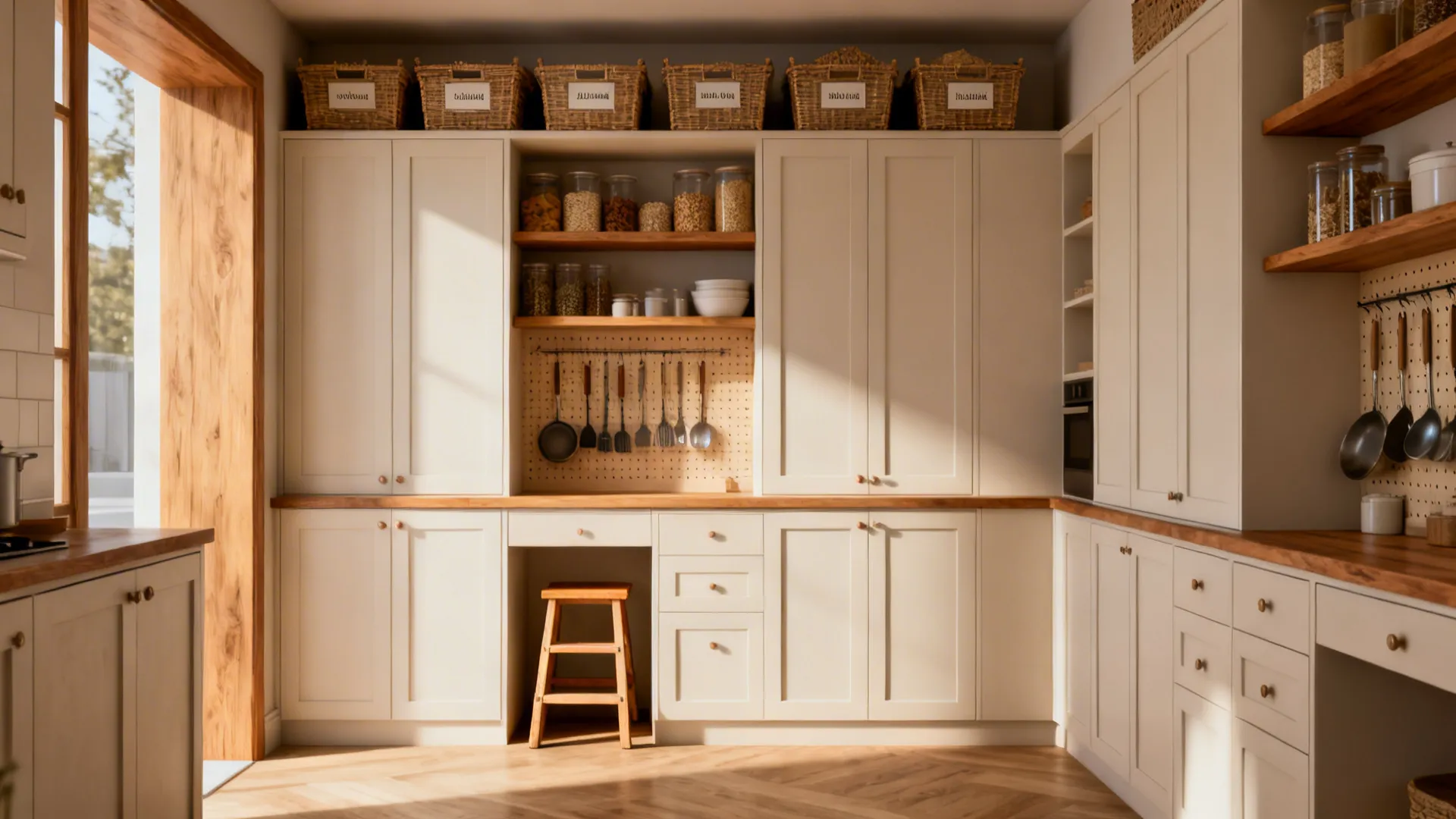 Floor-to-ceiling kitchen storage wall with open shelves and pegboard organization