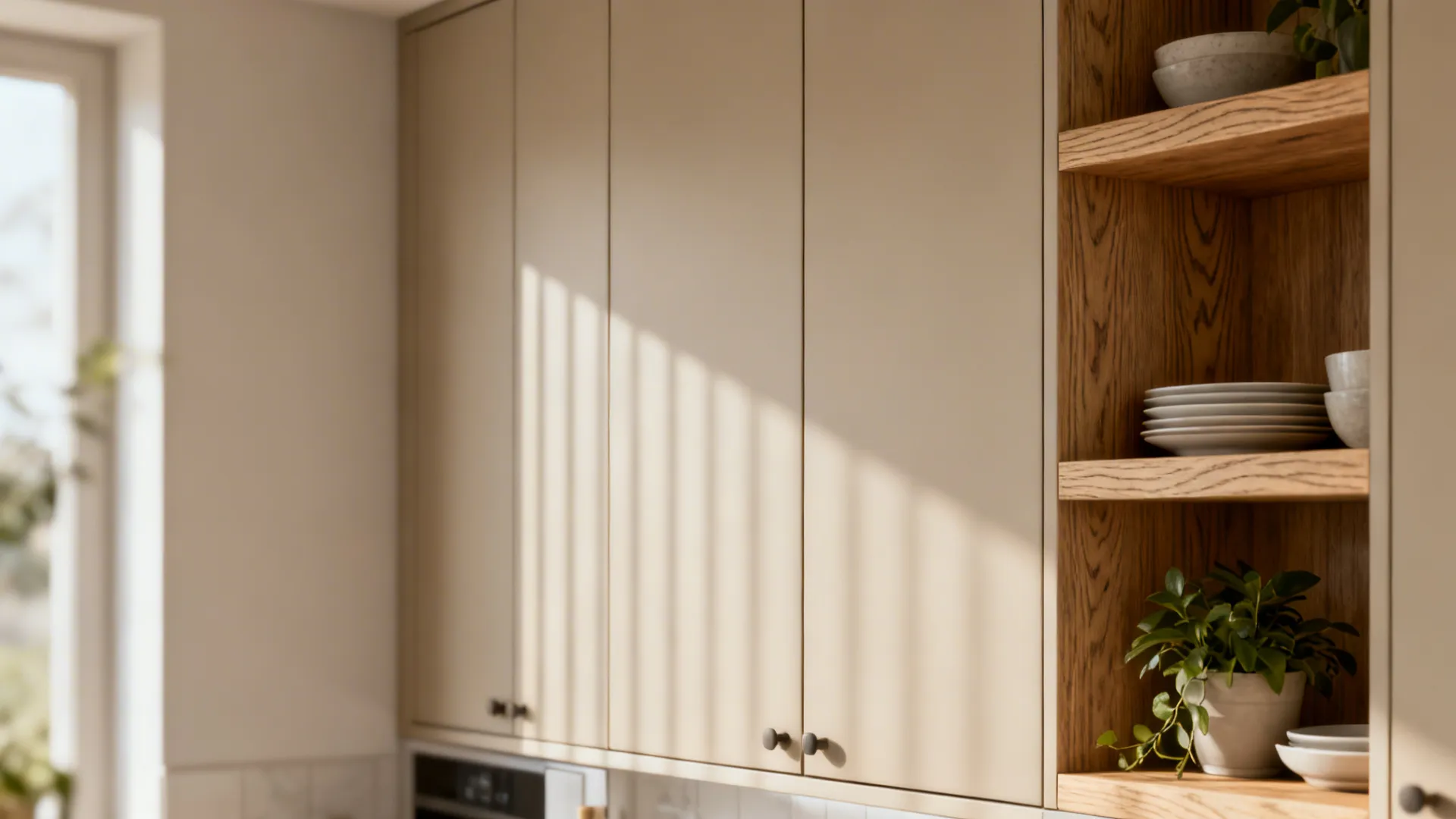 Floor-to-ceiling cabinets and open shelves mixing closed storage and display in a small kitchen