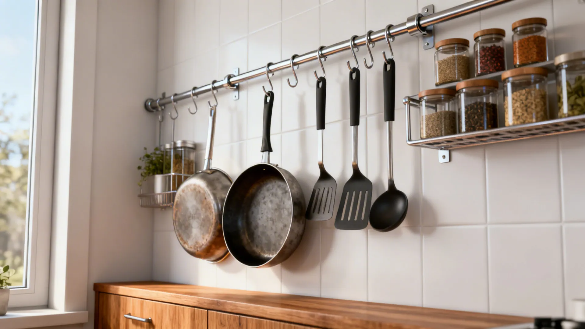 Floor-to-ceiling rail system with hanging utensils and spices freeing counter space.