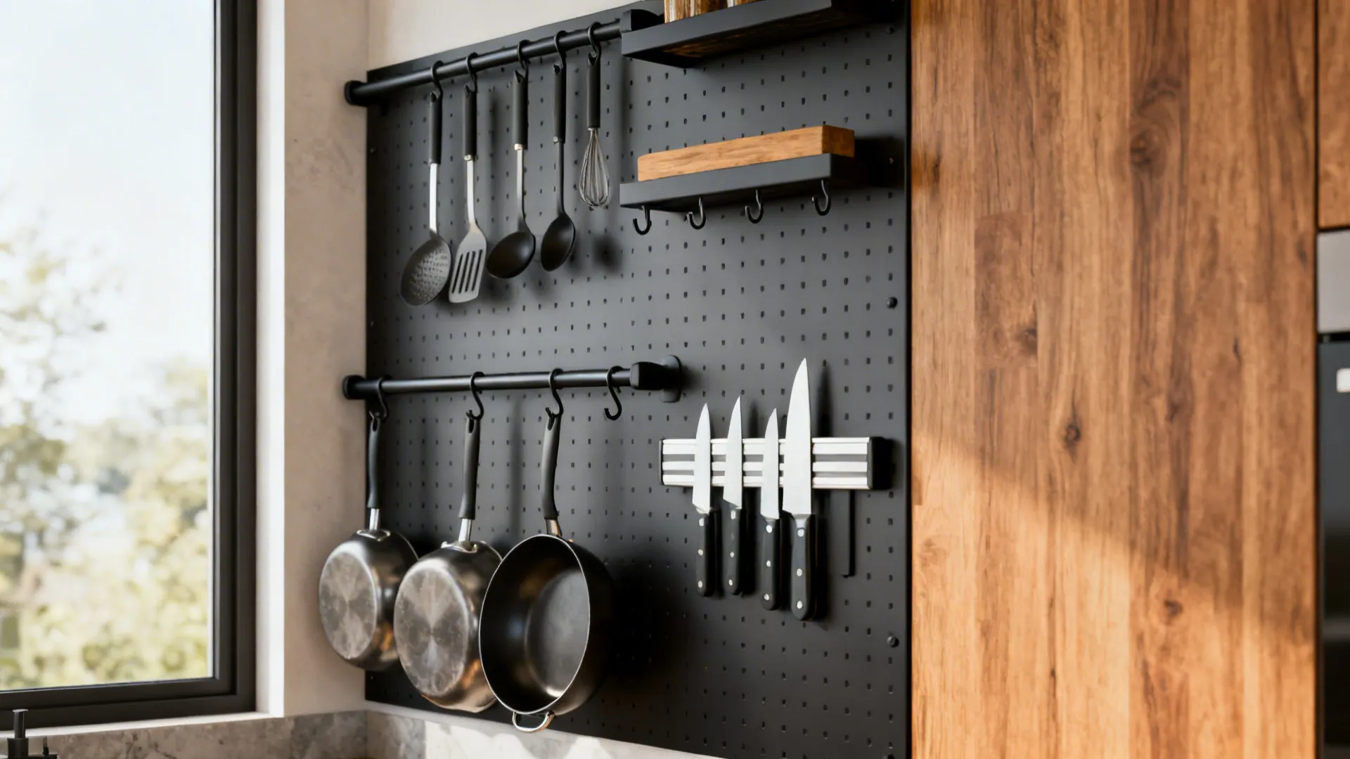 Vertical kitchen wall with pegboard, magnetic strip, and rails organizing utensils and pots.