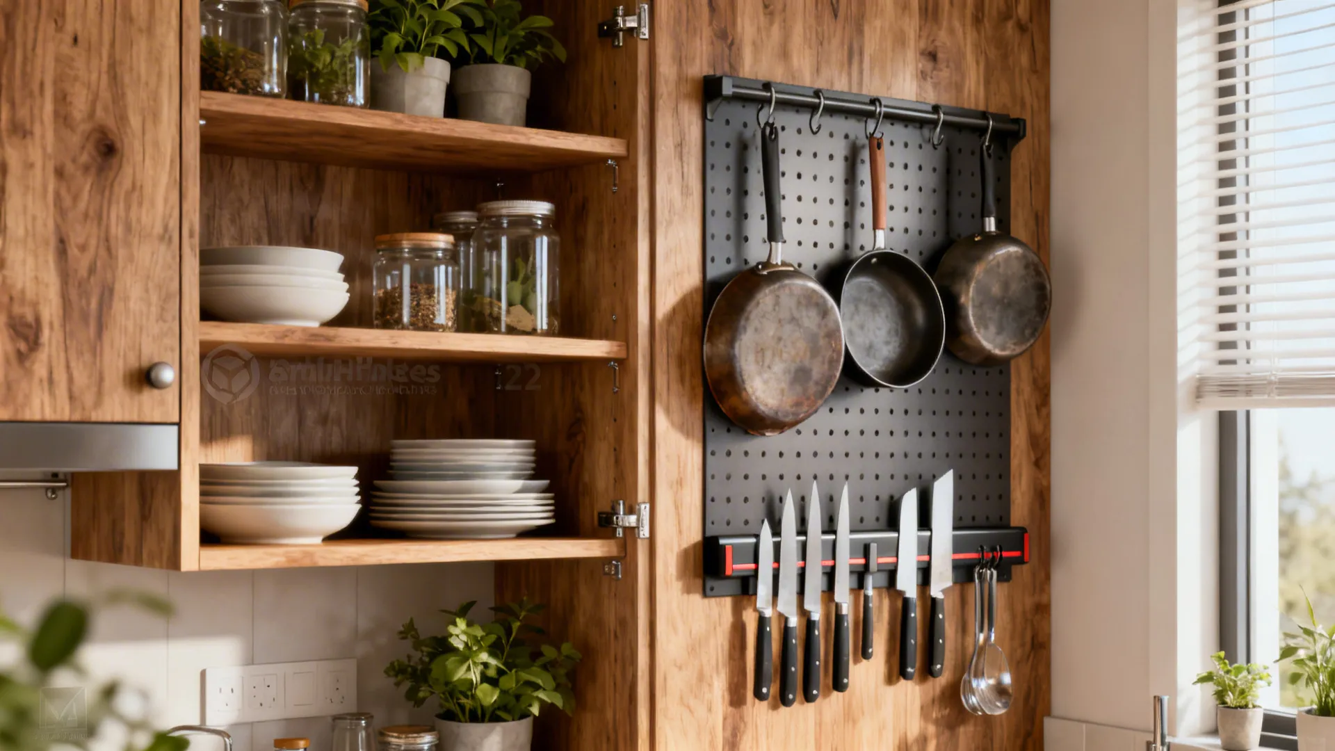 Open shelves, pegboard and magnetic rail organizing cookware and utensils on a kitchen wall.