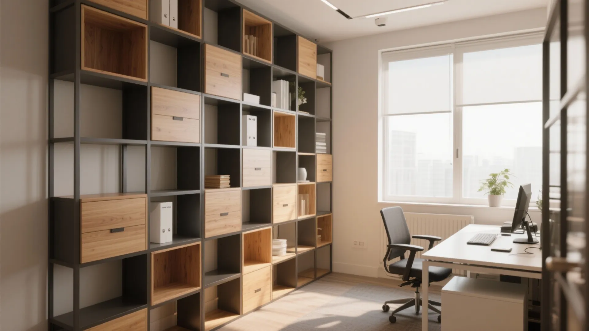 Tall shelving units providing vertical storage in a small office