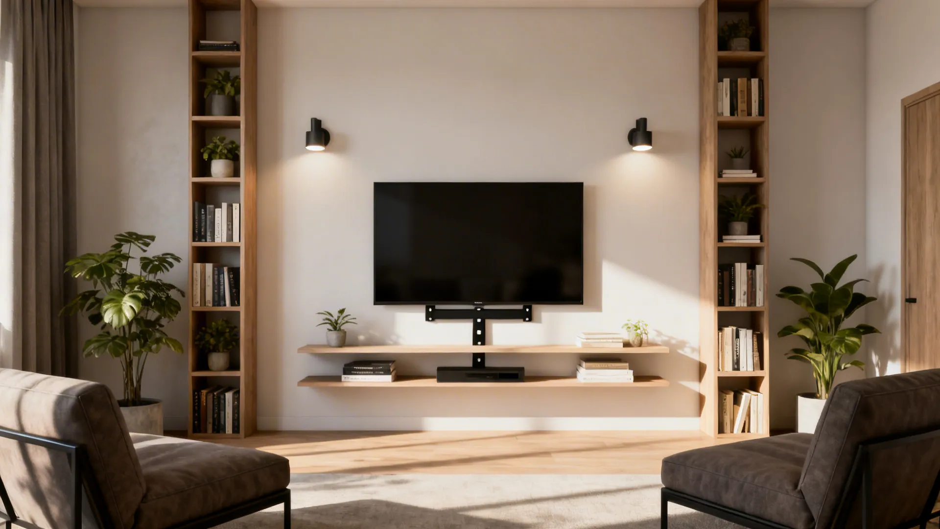 Living room wall featuring mounted television tall wood bookshelves floating shelves wall lights and plants