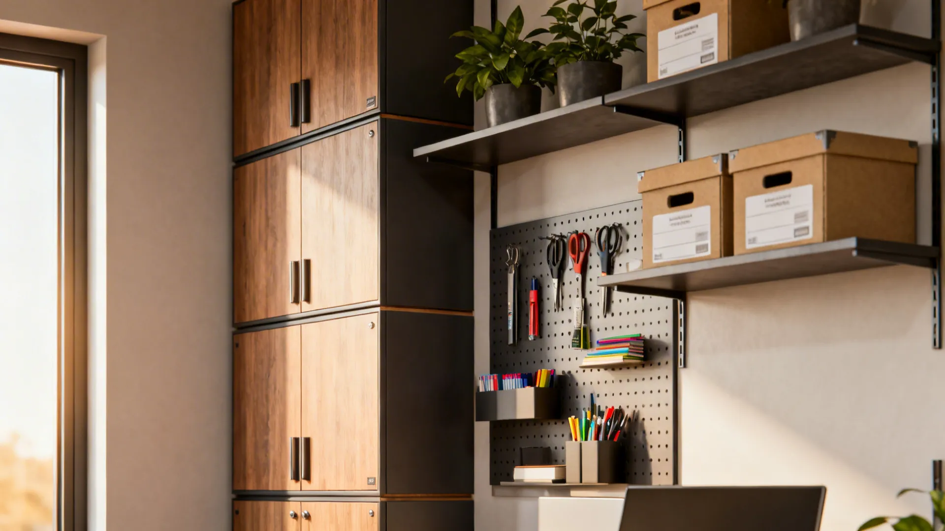 Vertical storage wall with floating shelves, pegboard, and slim cabinets in a small office.