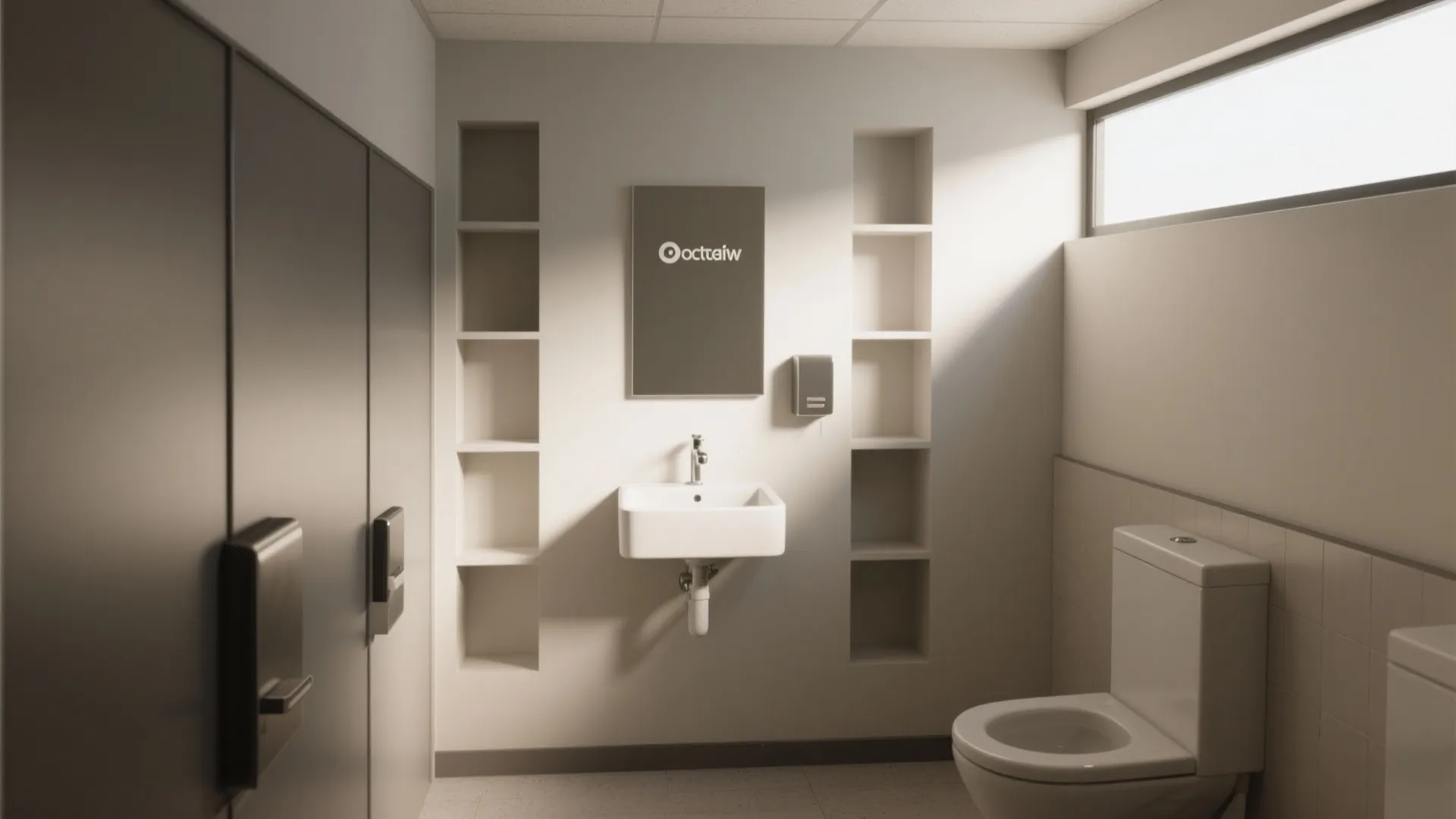 Modern public washroom featuring white wall shelves with a small sink and a white toilet