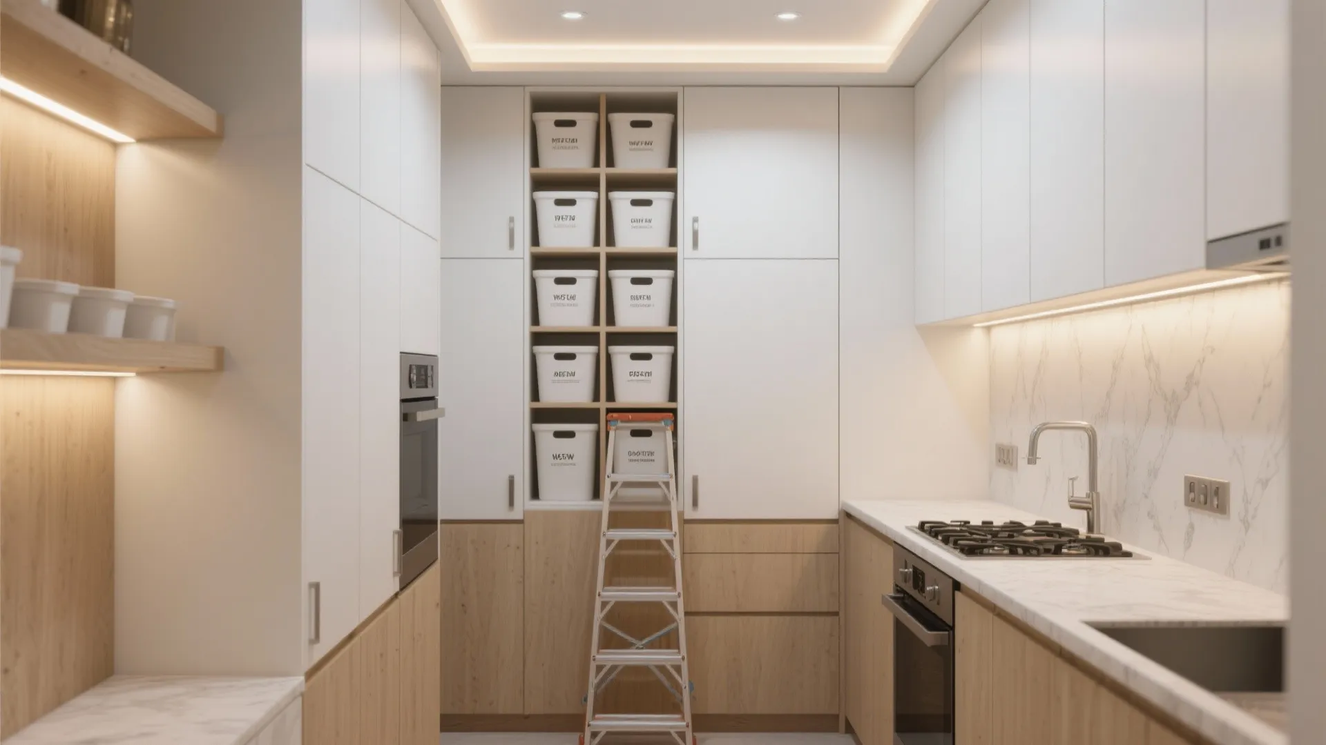 Modern kitchen with tall white storage cabinets white storage bins and a small silver ladder