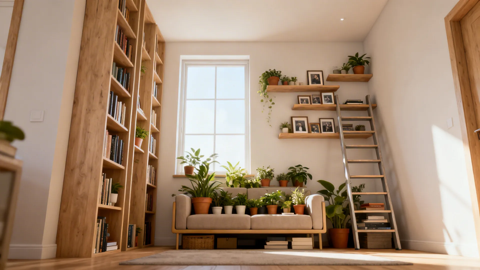 Vertical shelves and tall bookcases drawing the eye upward in a small living room.