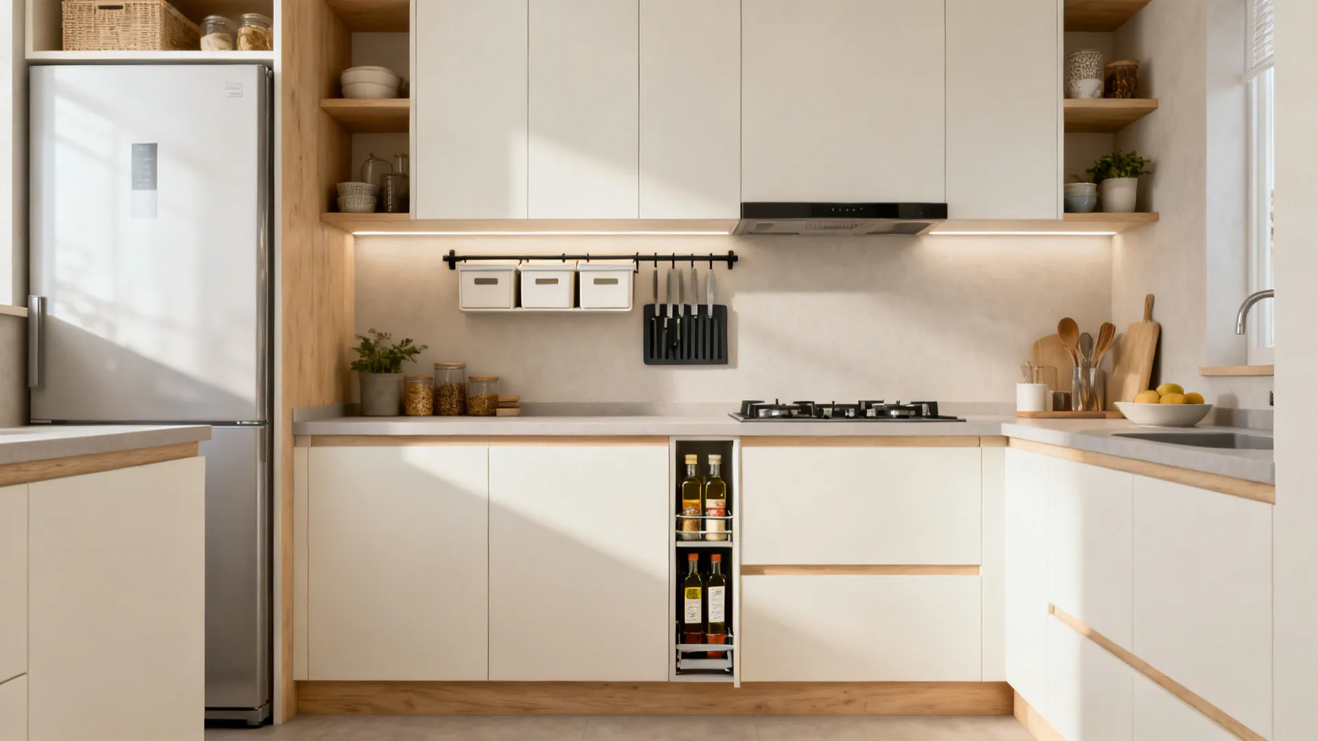 Small kitchen with slim pull-outs, a utility rail, and overhead storage clearing countertops.